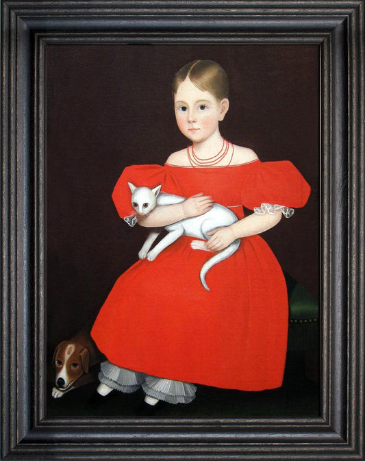 Framed Art, GIRL W/ RED DRESS /CAT & DOG