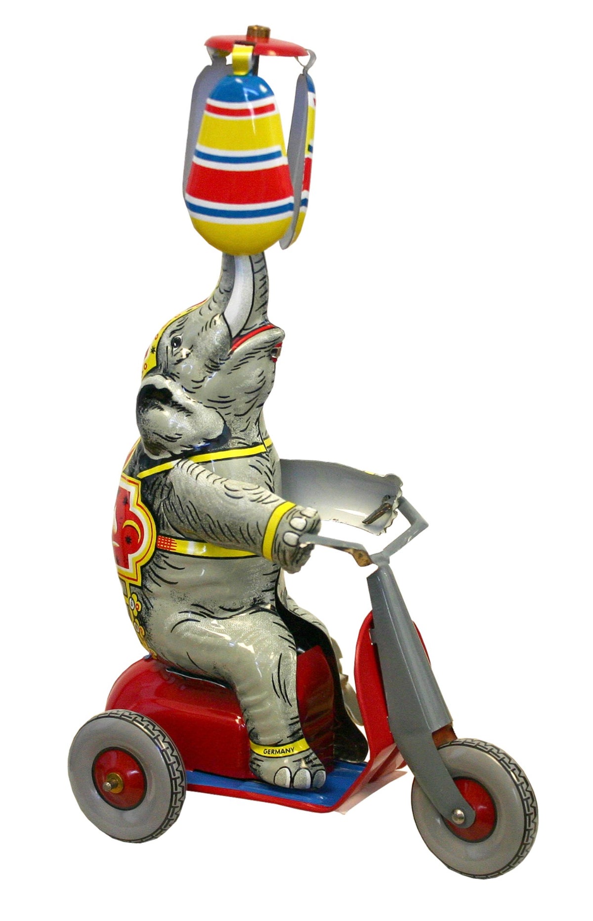 TIN WINDUP TOY, 8.5” Elephant/Scooter