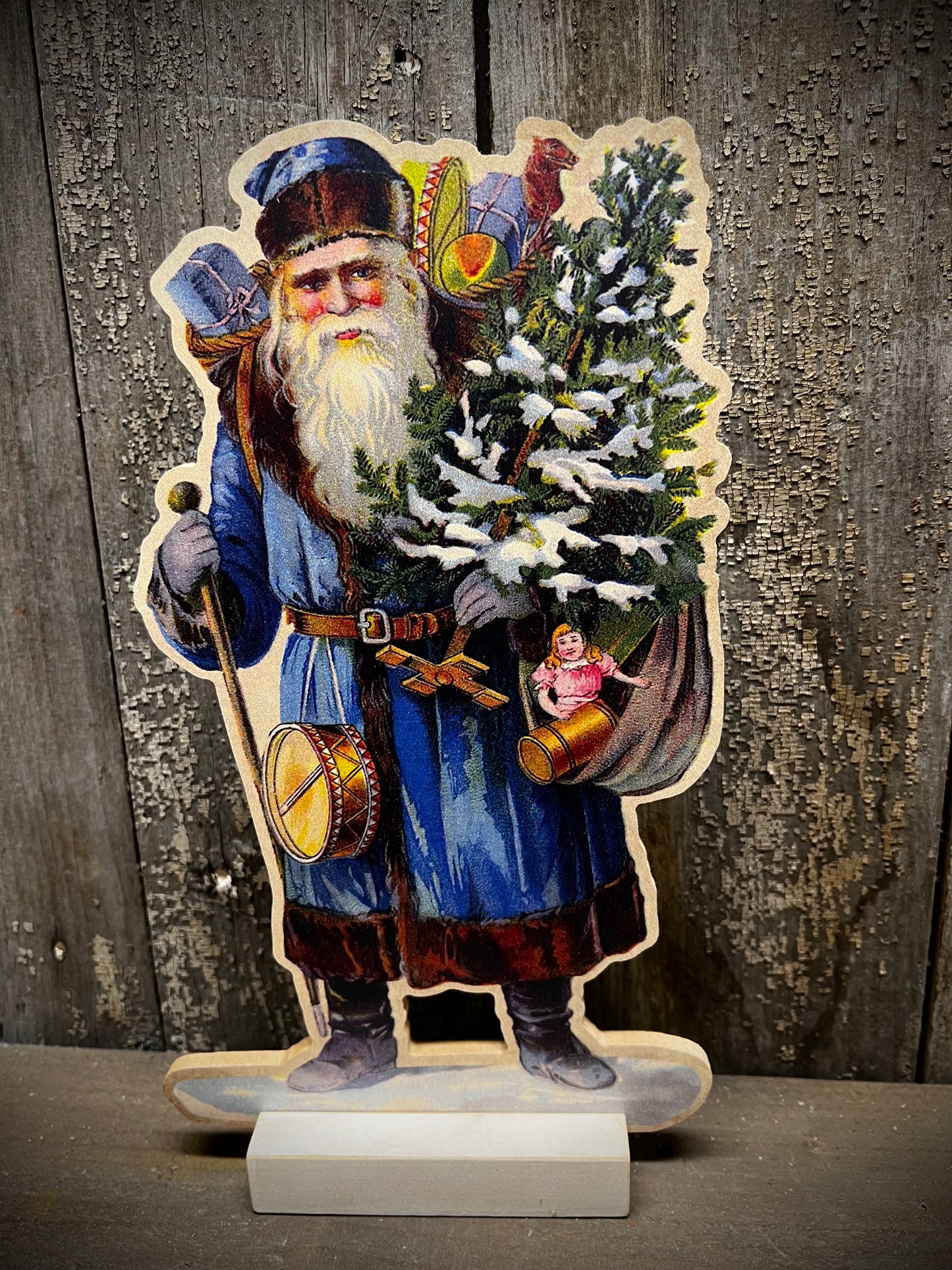 Cut Out, 9.5", BLUE SANTA W/TREE