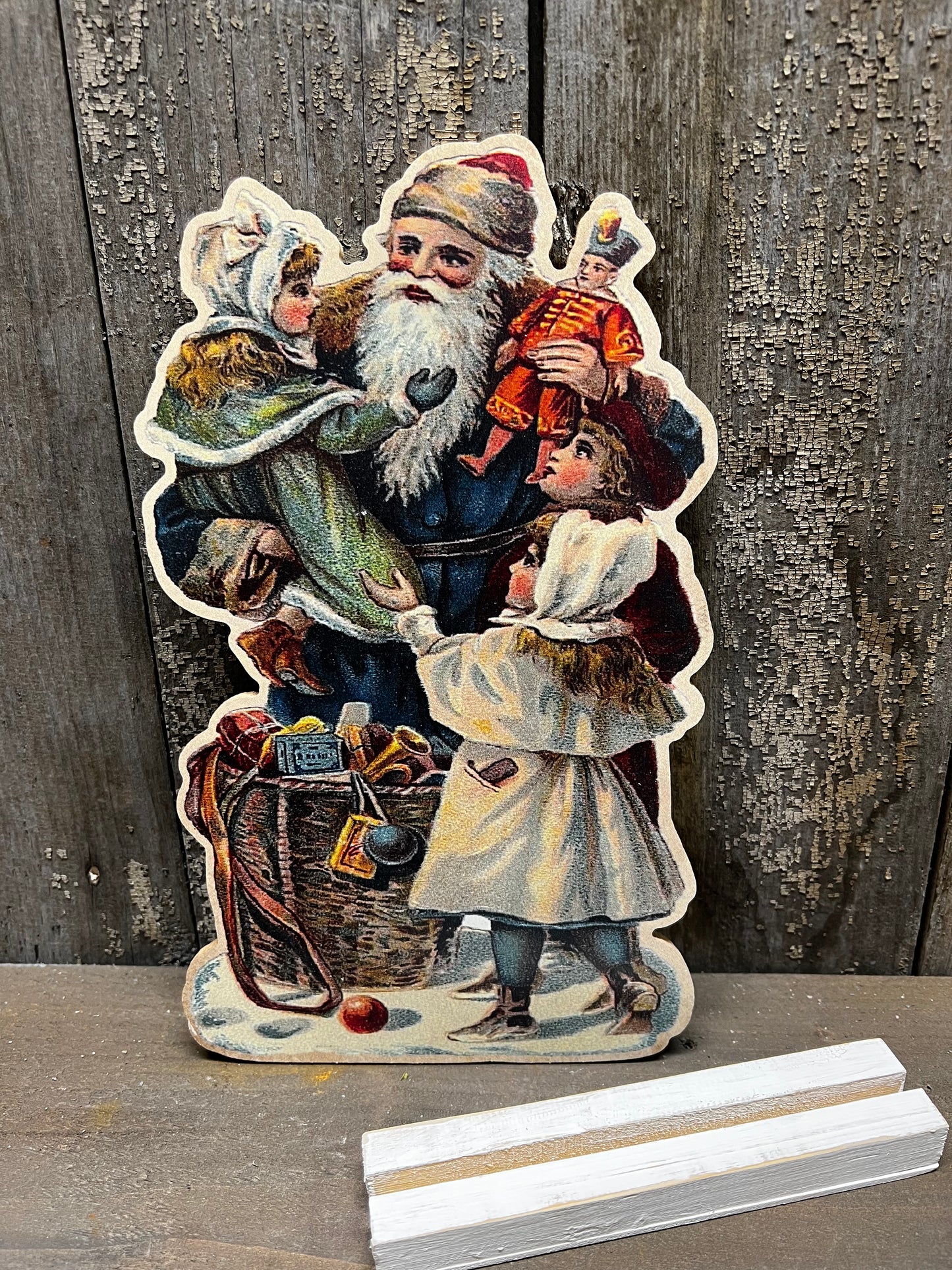 Cut Out, 9.5", BLUE SANTA W/CHILDREN