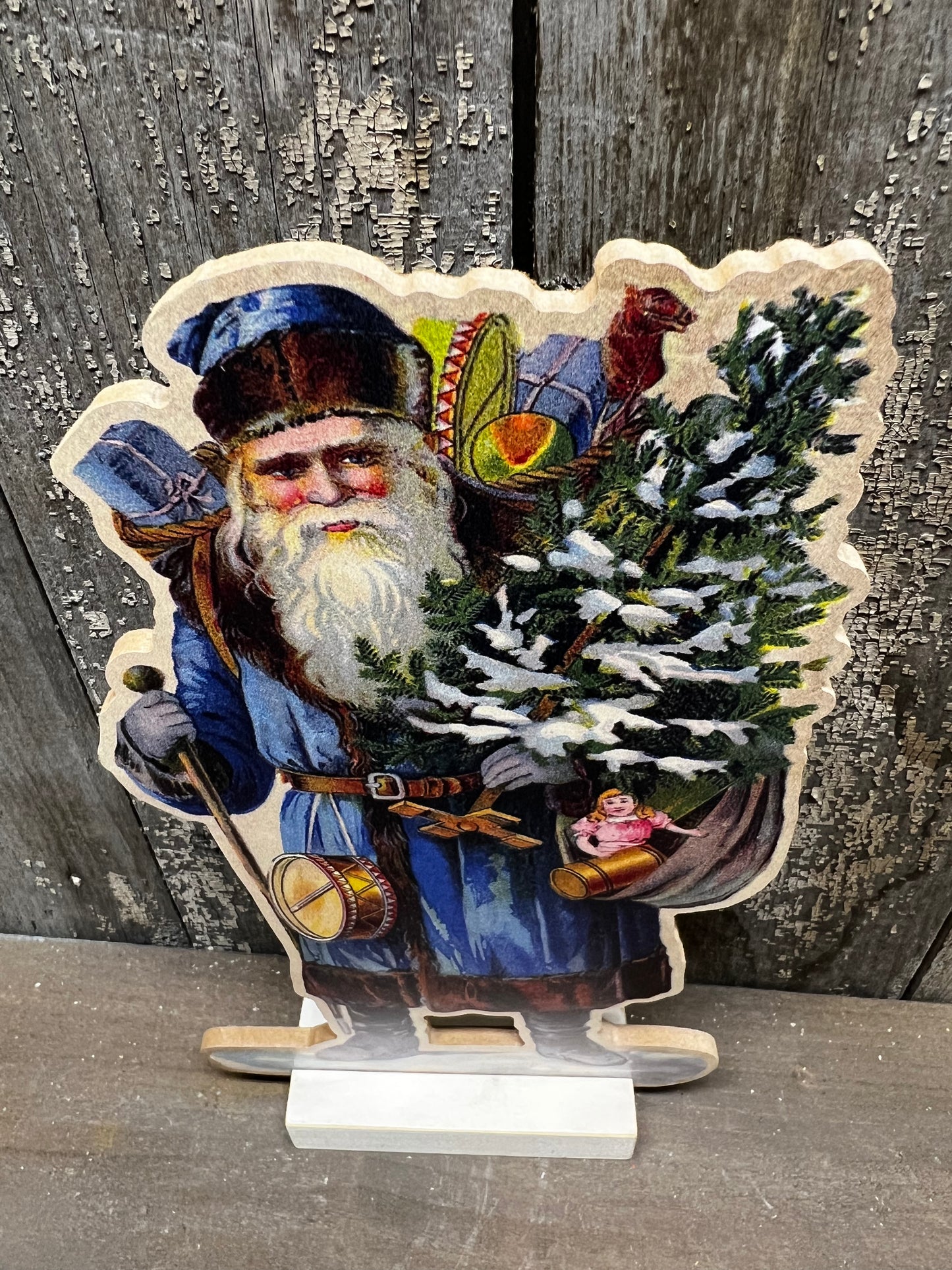 Cut Out, 9.5", BLUE SANTA W/TREE
