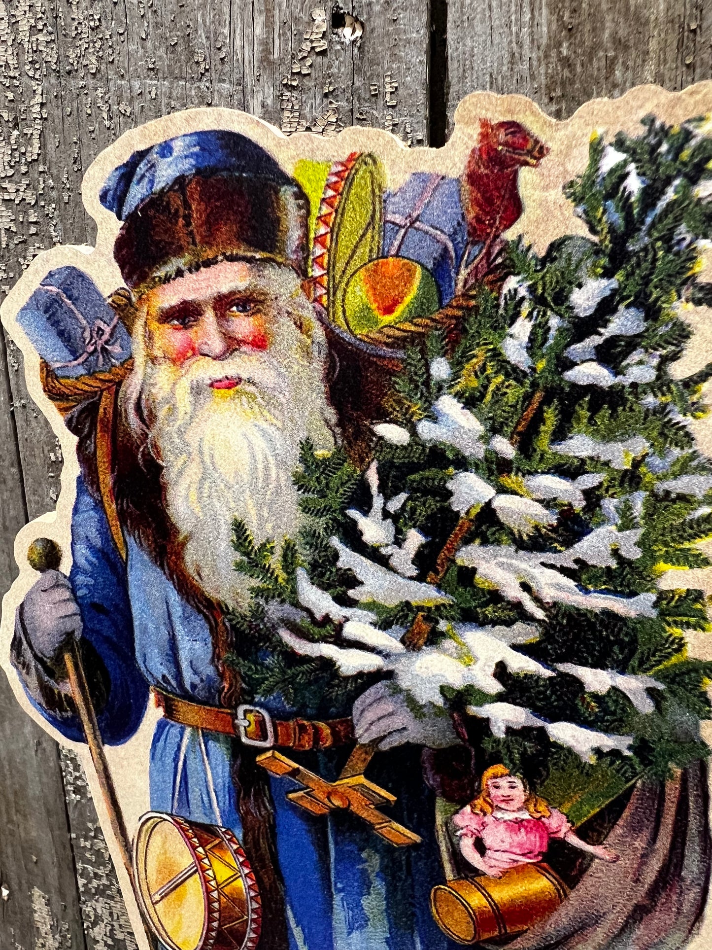 Cut Out, 9.5", BLUE SANTA W/TREE
