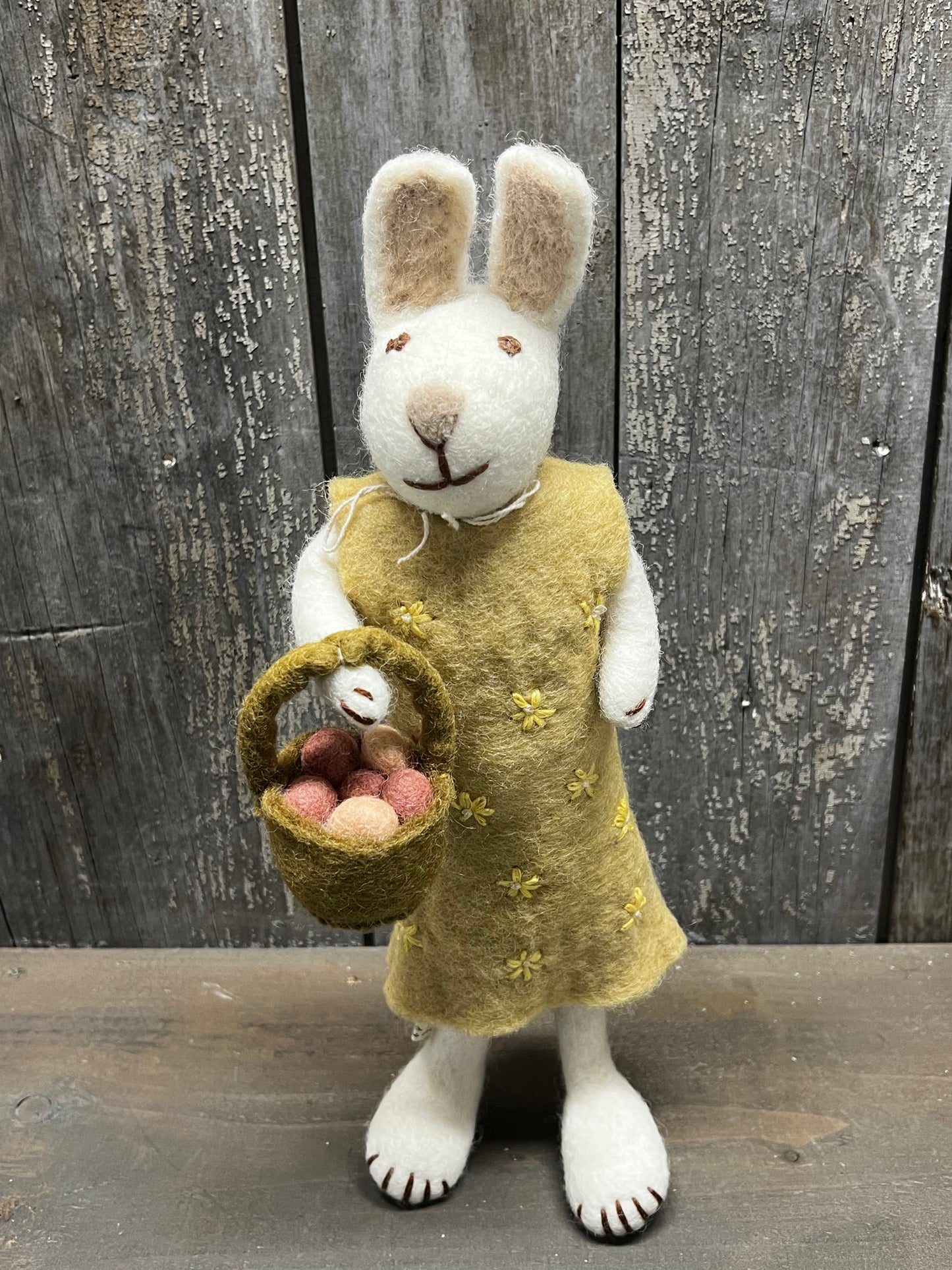 Bunny, Big, Felted, WHITE W/ YELLOW DRESS/EGG BASKET