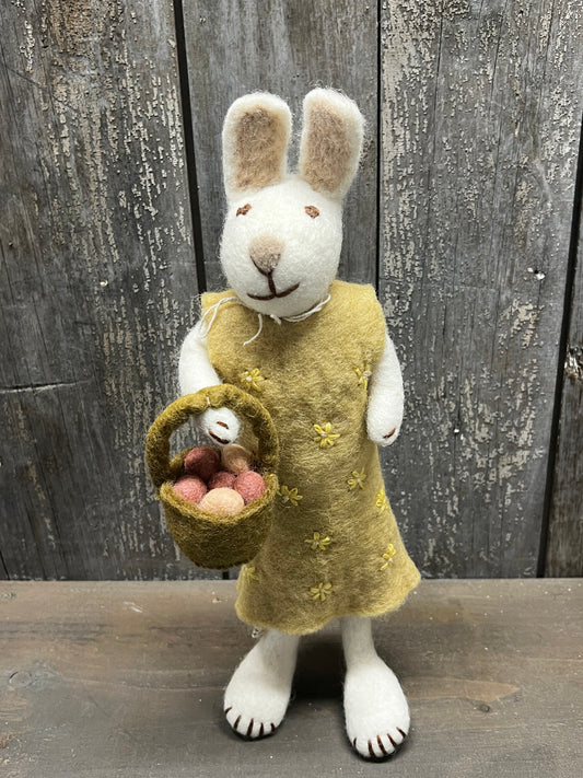 Bunny, Big, Felted, WHITE W/ YELLOW DRESS/EGG BASKET