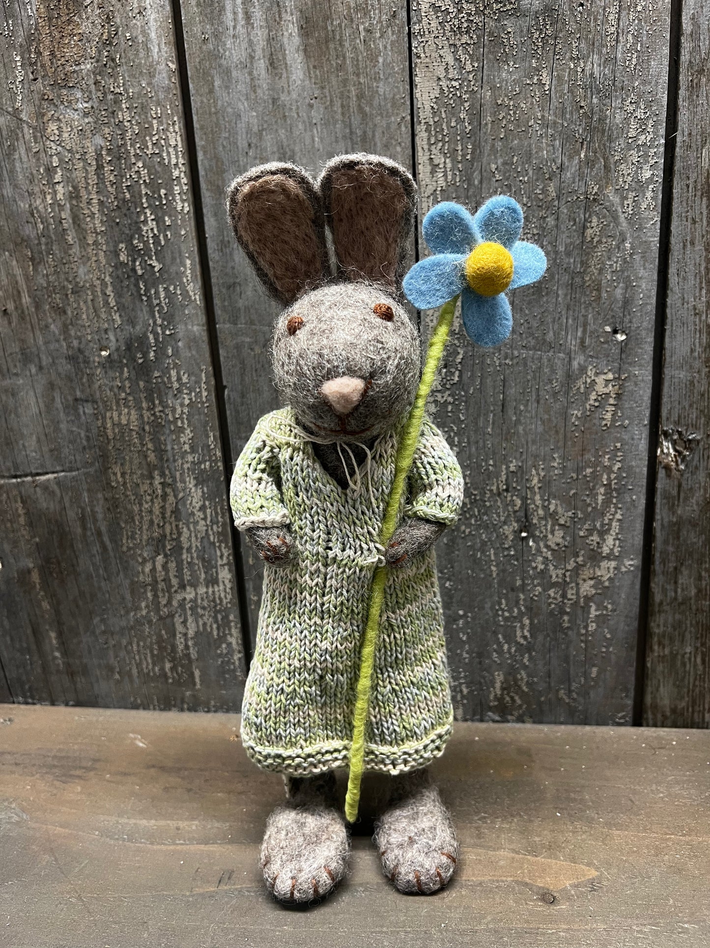 Bunny, Large Felted, GREY DRESS W/ BLUE FLOWER