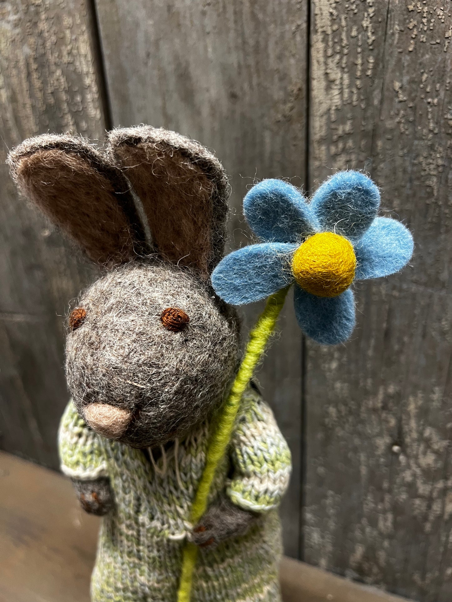 Bunny, Large Felted, GREY DRESS W/ BLUE FLOWER