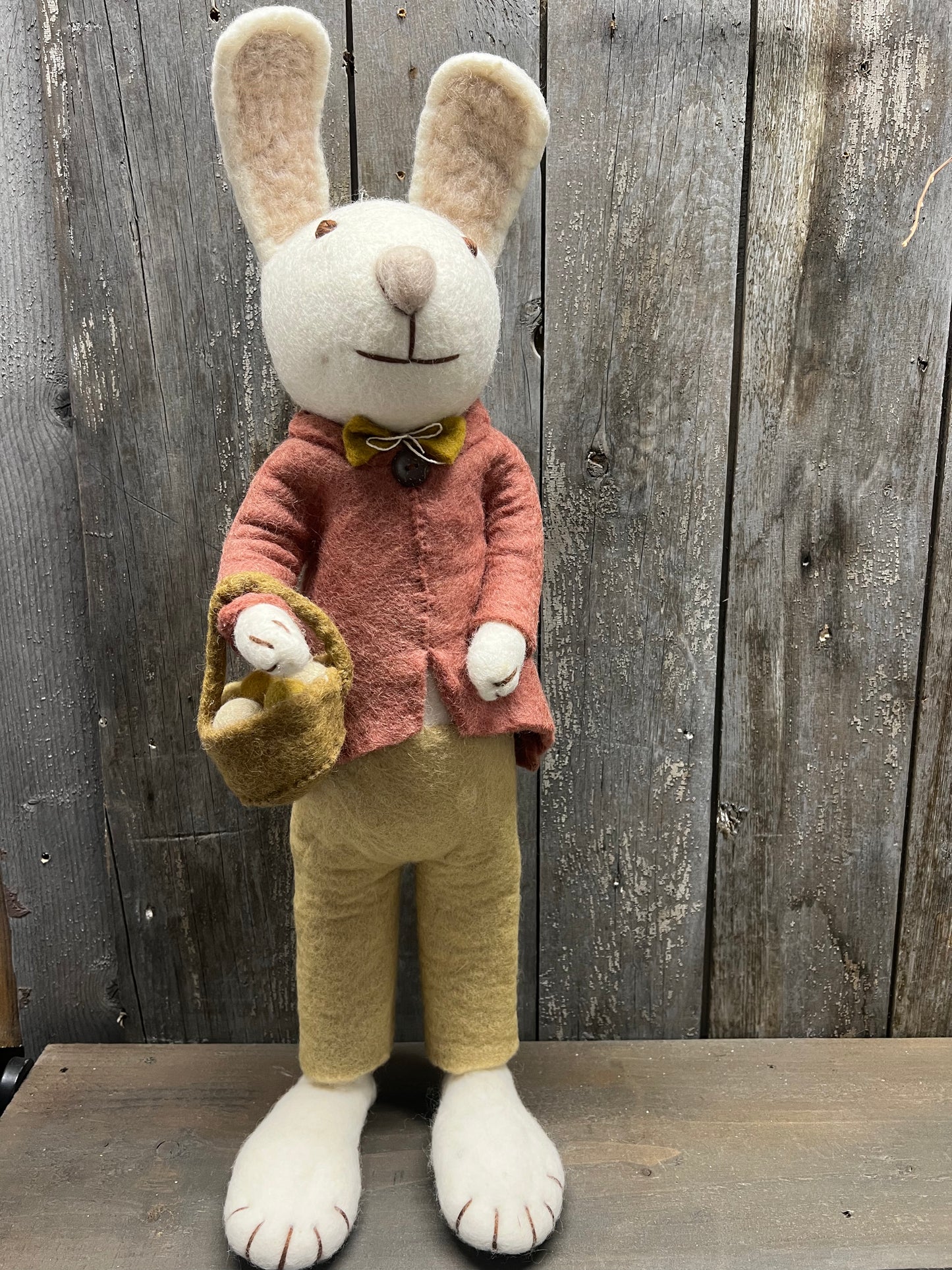 Bunny, XL Felted, WHITE W/ PANTS, JACKET & BASKET OF EGG