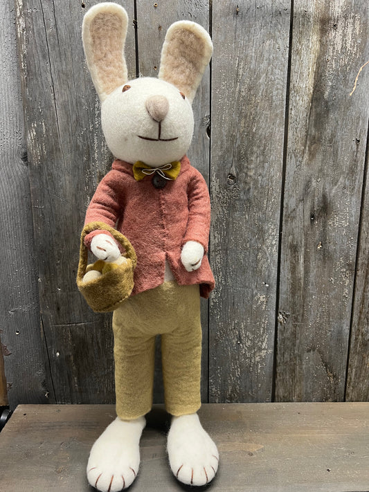 Bunny, XL Felted, WHITE W/ PANTS, JACKET & BASKET OF EGG