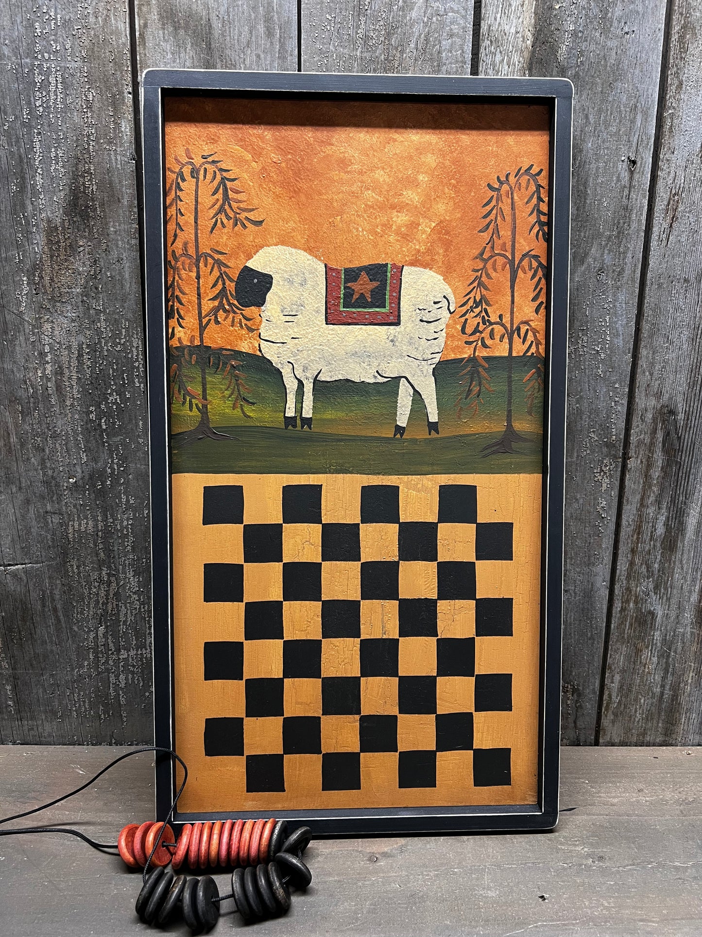 Game Board, 19", CHECKERS, FOLK SHEEP