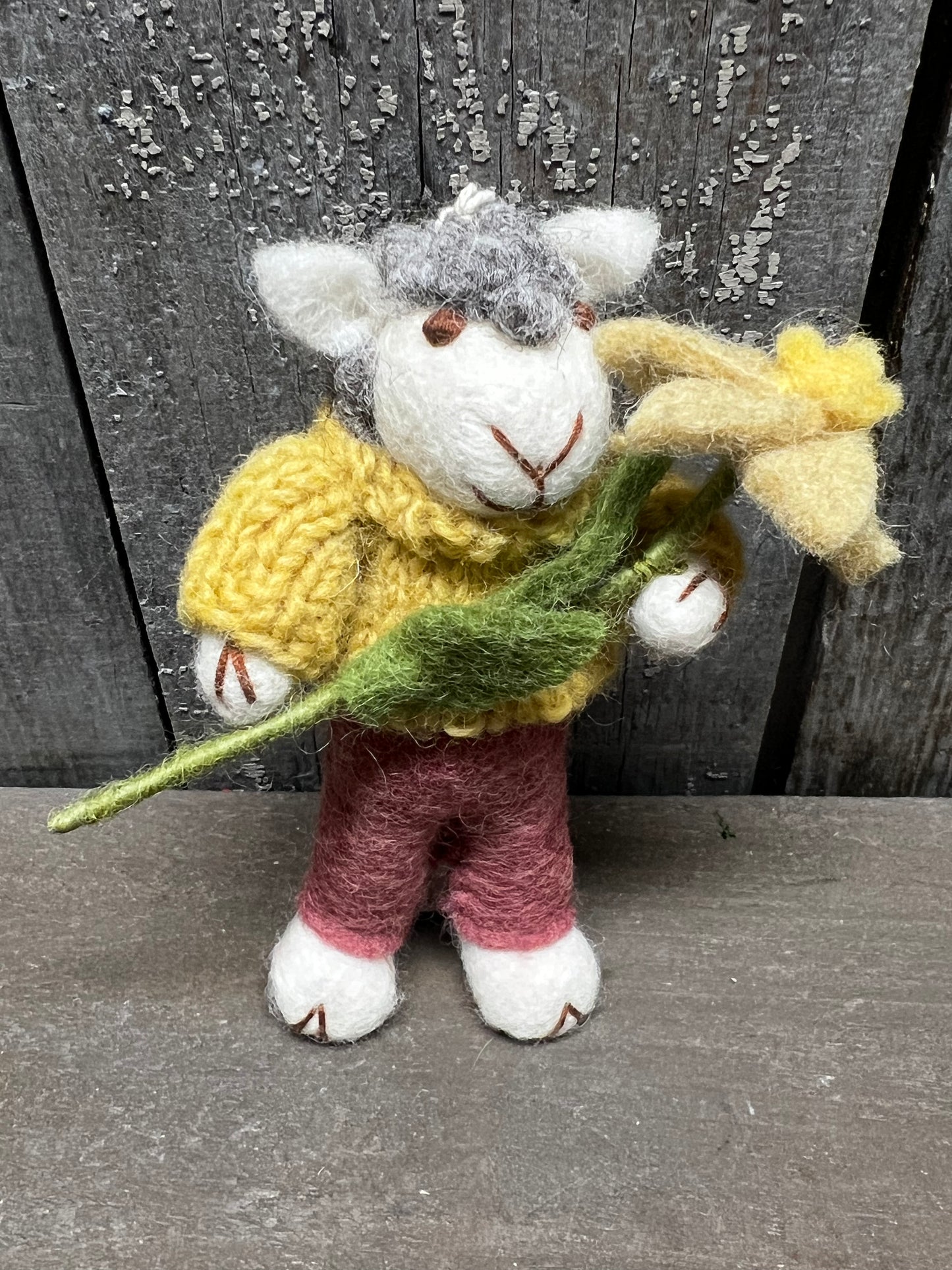 Sheep, Small Felted, GREY W/ DUSTY RED PANTS & NARCISSUS FLOWER