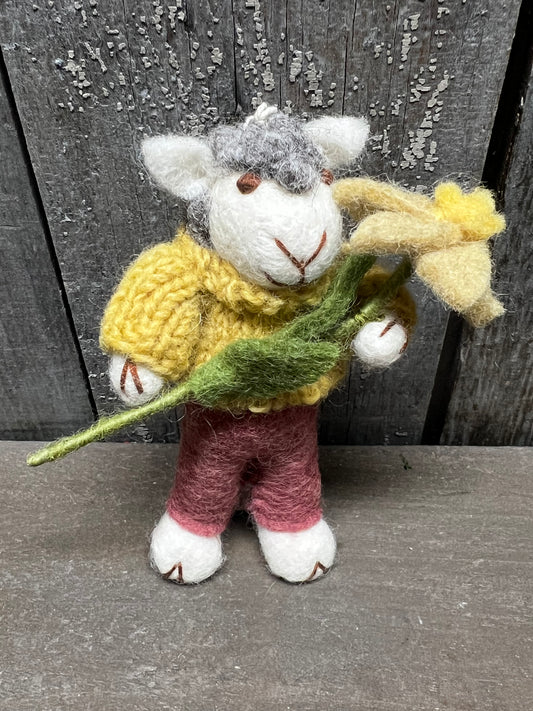 Sheep, Small Felted, GREY W/ DUSTY RED PANTS & NARCISSUS FLOWER