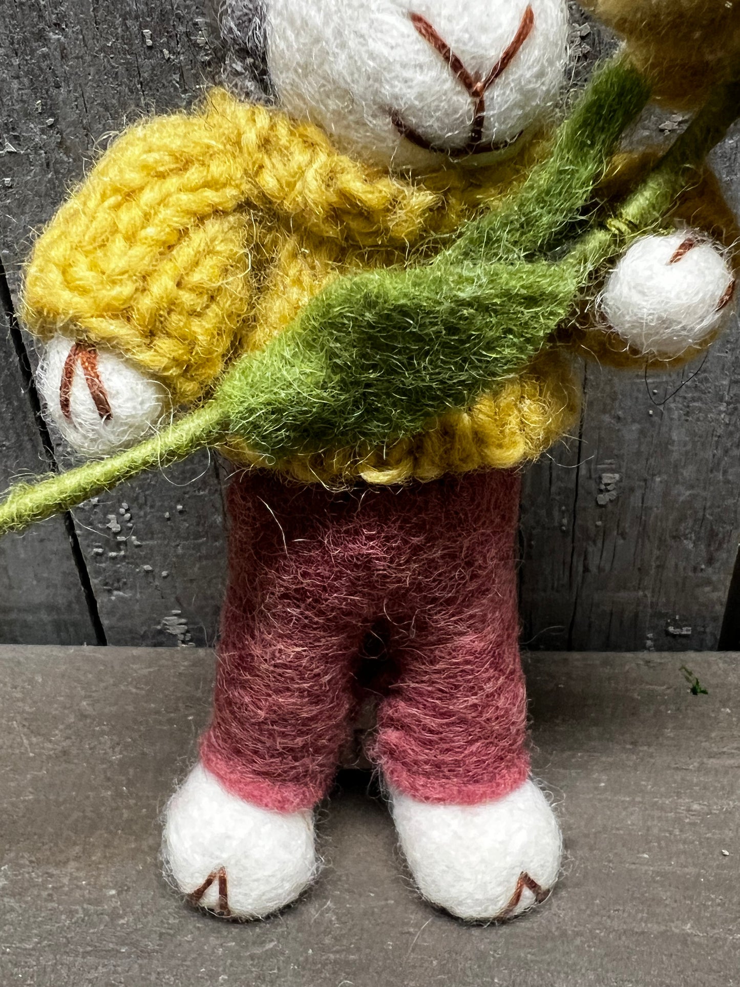Sheep, Small Felted, GREY W/ DUSTY RED PANTS & NARCISSUS FLOWER