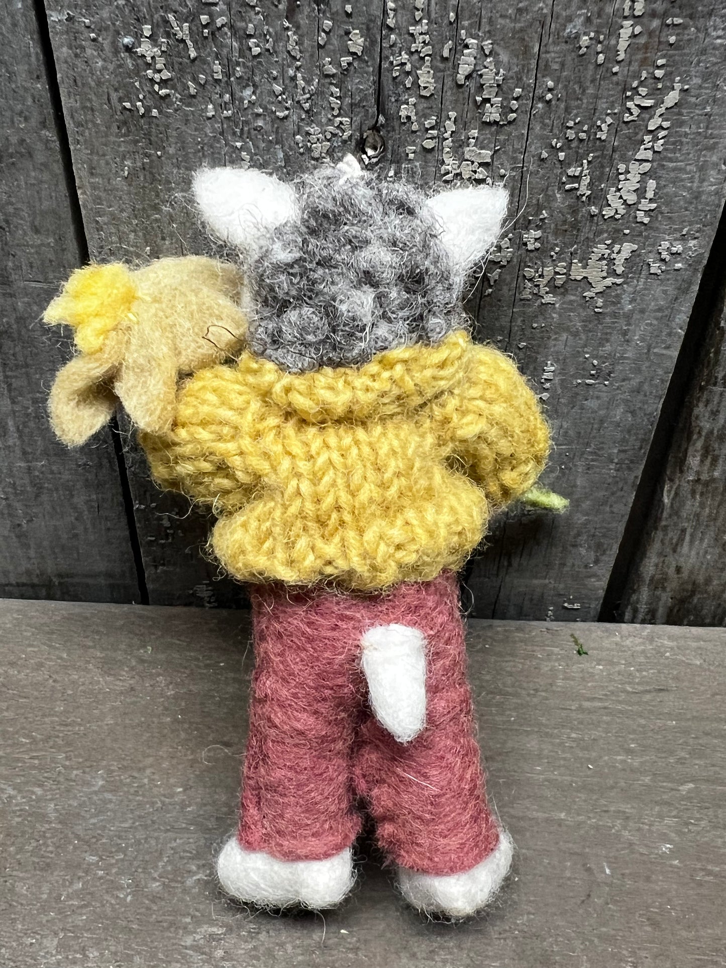 Sheep, Small Felted, GREY W/ DUSTY RED PANTS & NARCISSUS FLOWER