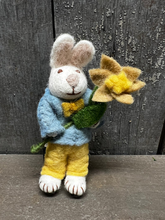 Bunny, Small Felted, WHITE W/ BLUE JACKET & NARCISSUS FLOWER