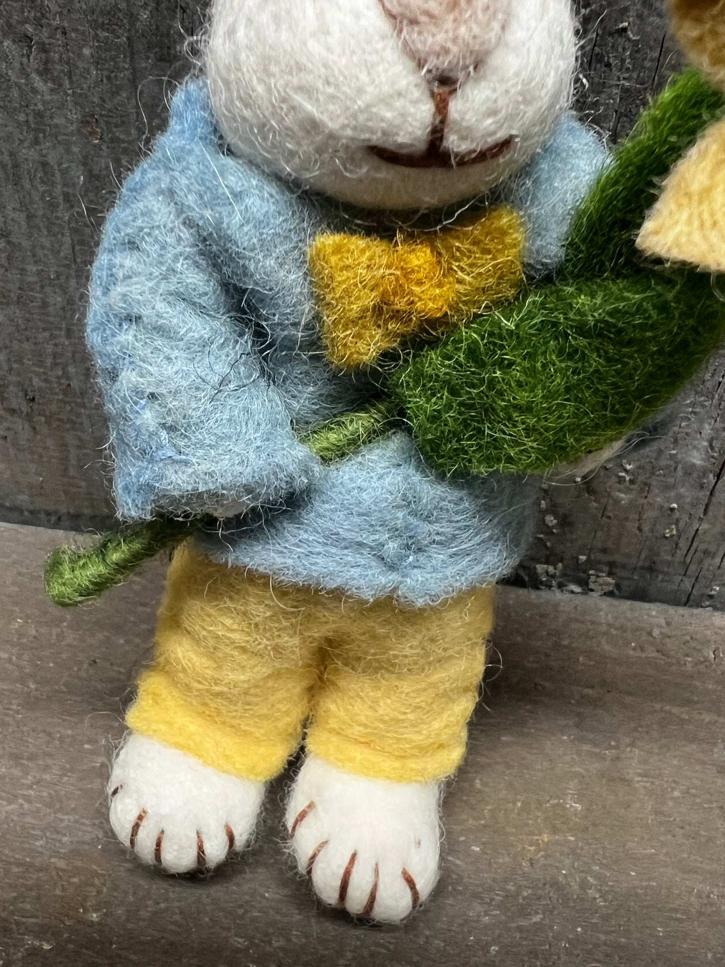 Bunny, Small Felted, WHITE W/ BLUE JACKET & NARCISSUS FLOWER