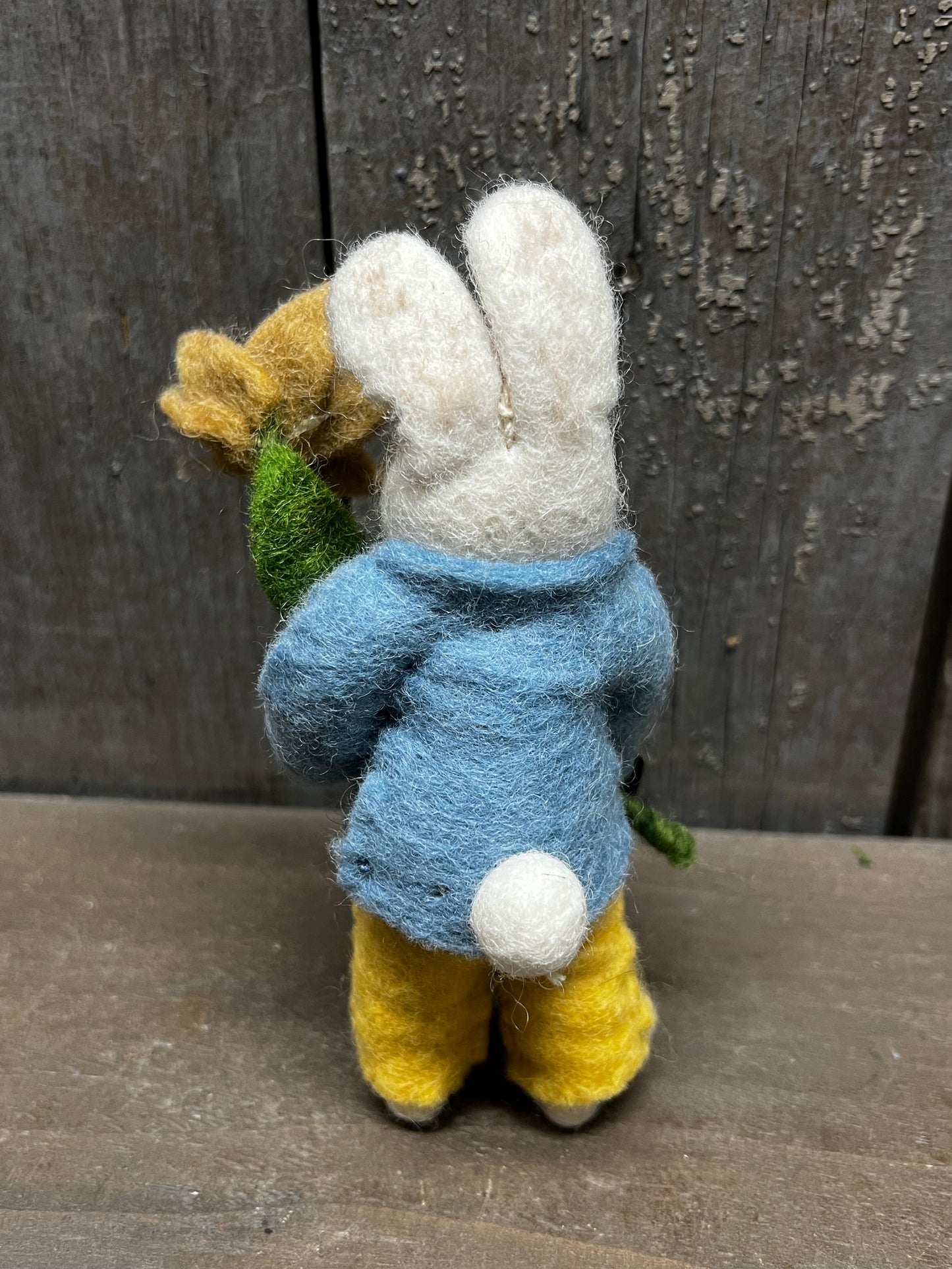 Bunny, Small Felted, WHITE W/ BLUE JACKET & NARCISSUS FLOWER