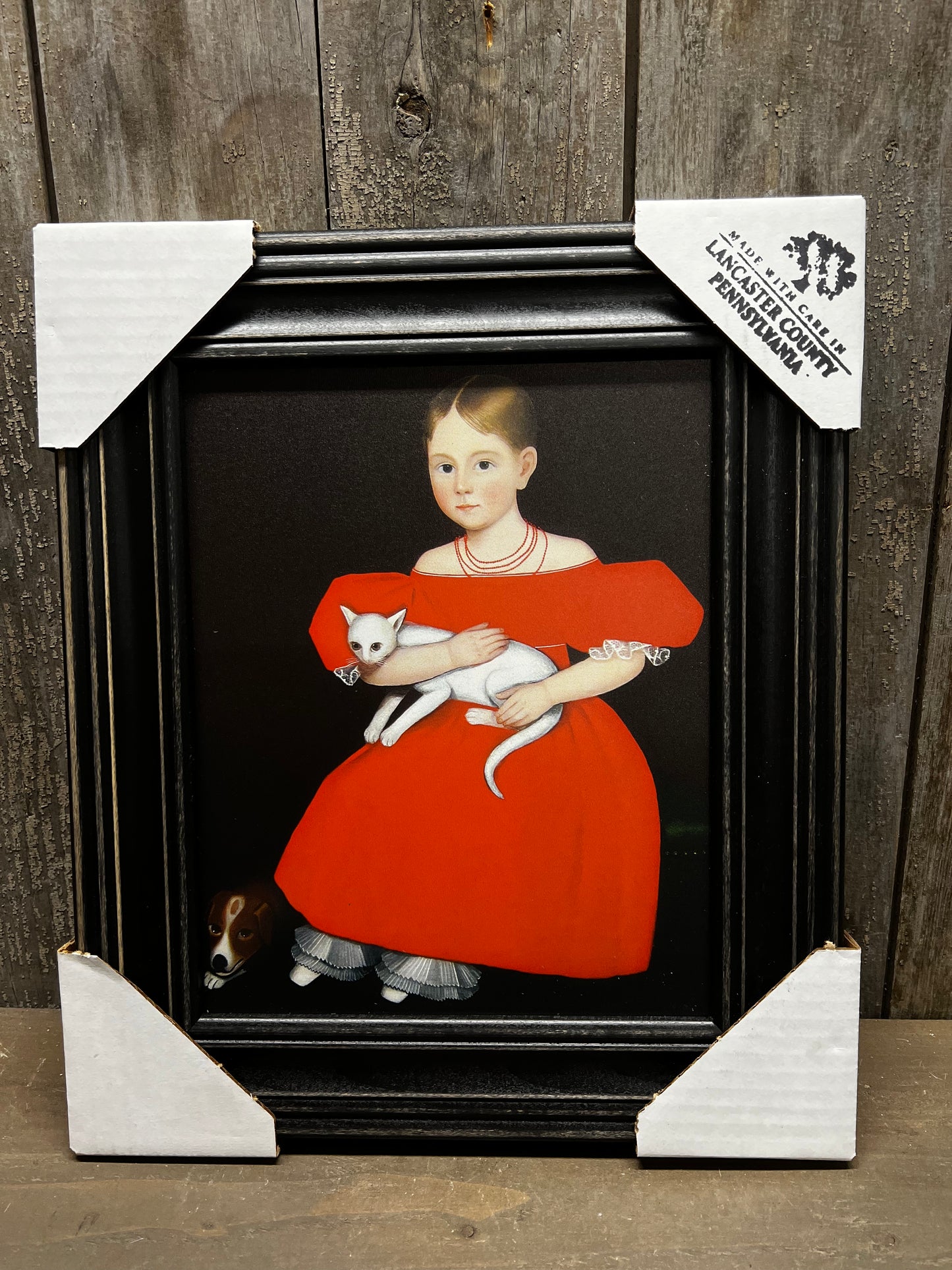 Framed Art, GIRL W/ RED DRESS /CAT & DOG