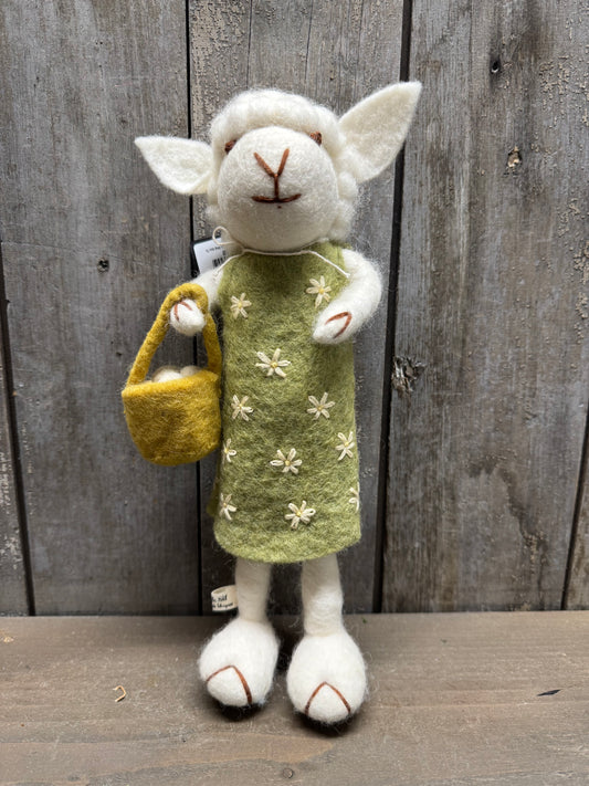 Sheep, Big, Felted, WHITE W/ GREEN DRESS & EGG BASKET