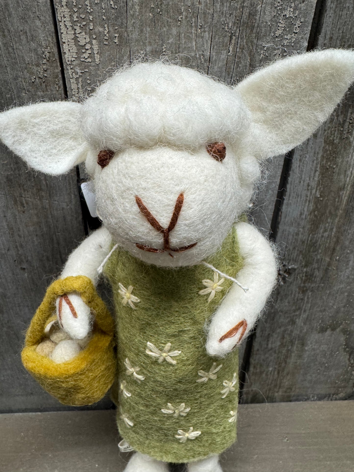 Sheep, Big, Felted, WHITE W/ GREEN DRESS & EGG BASKET