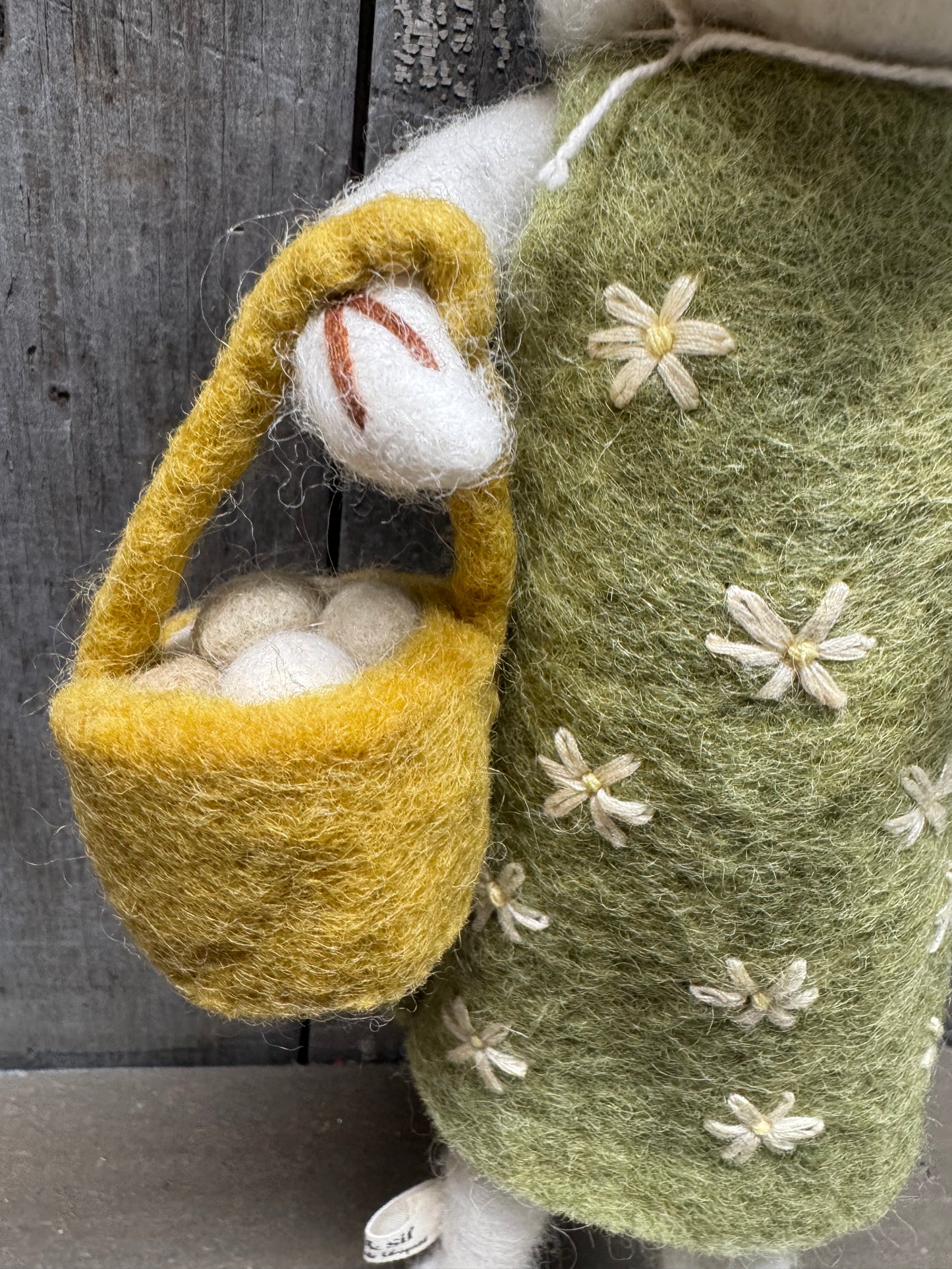 Sheep, Big, Felted, WHITE W/ GREEN DRESS & EGG BASKET