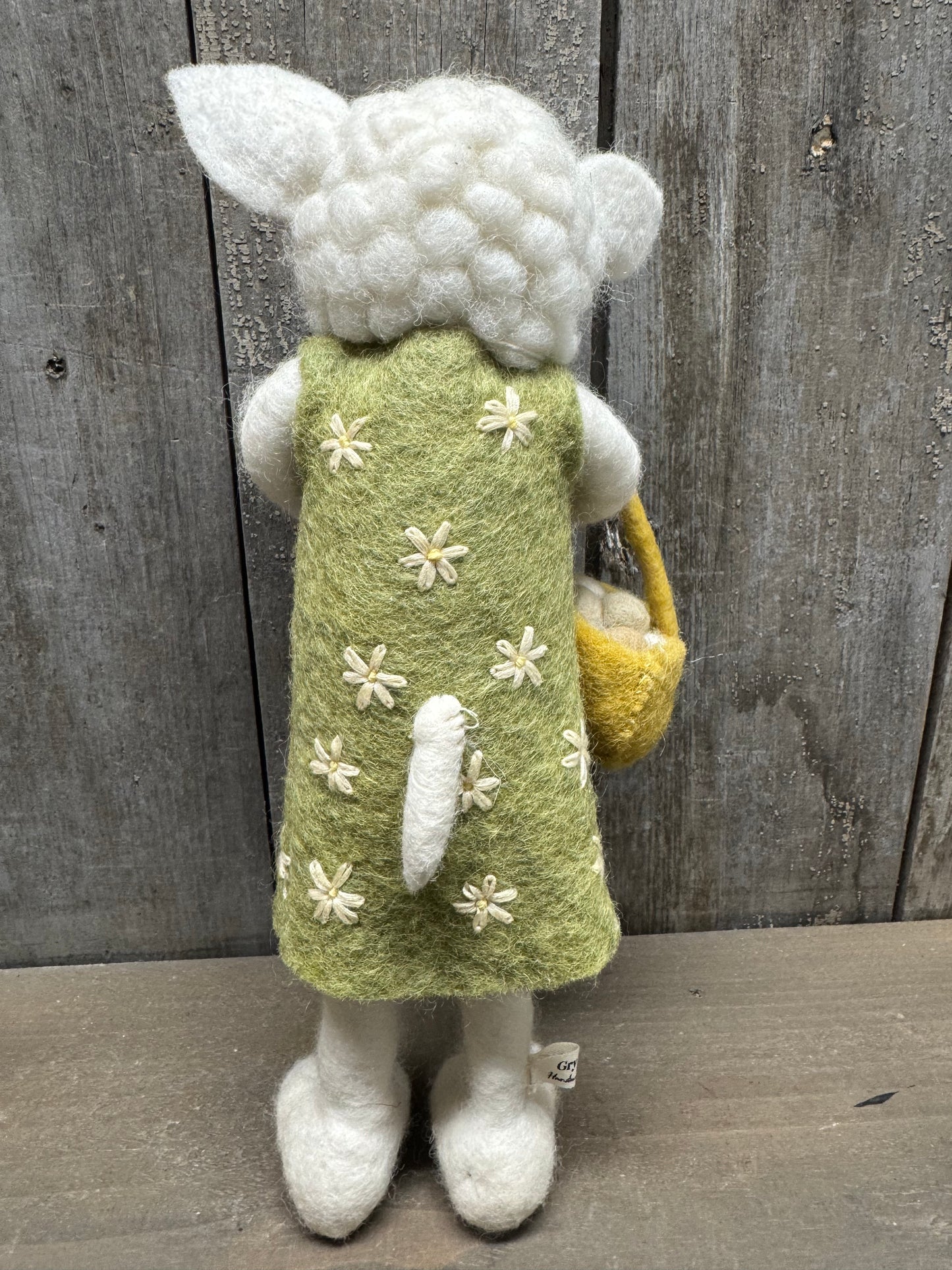 Sheep, Big, Felted, WHITE W/ GREEN DRESS & EGG BASKET
