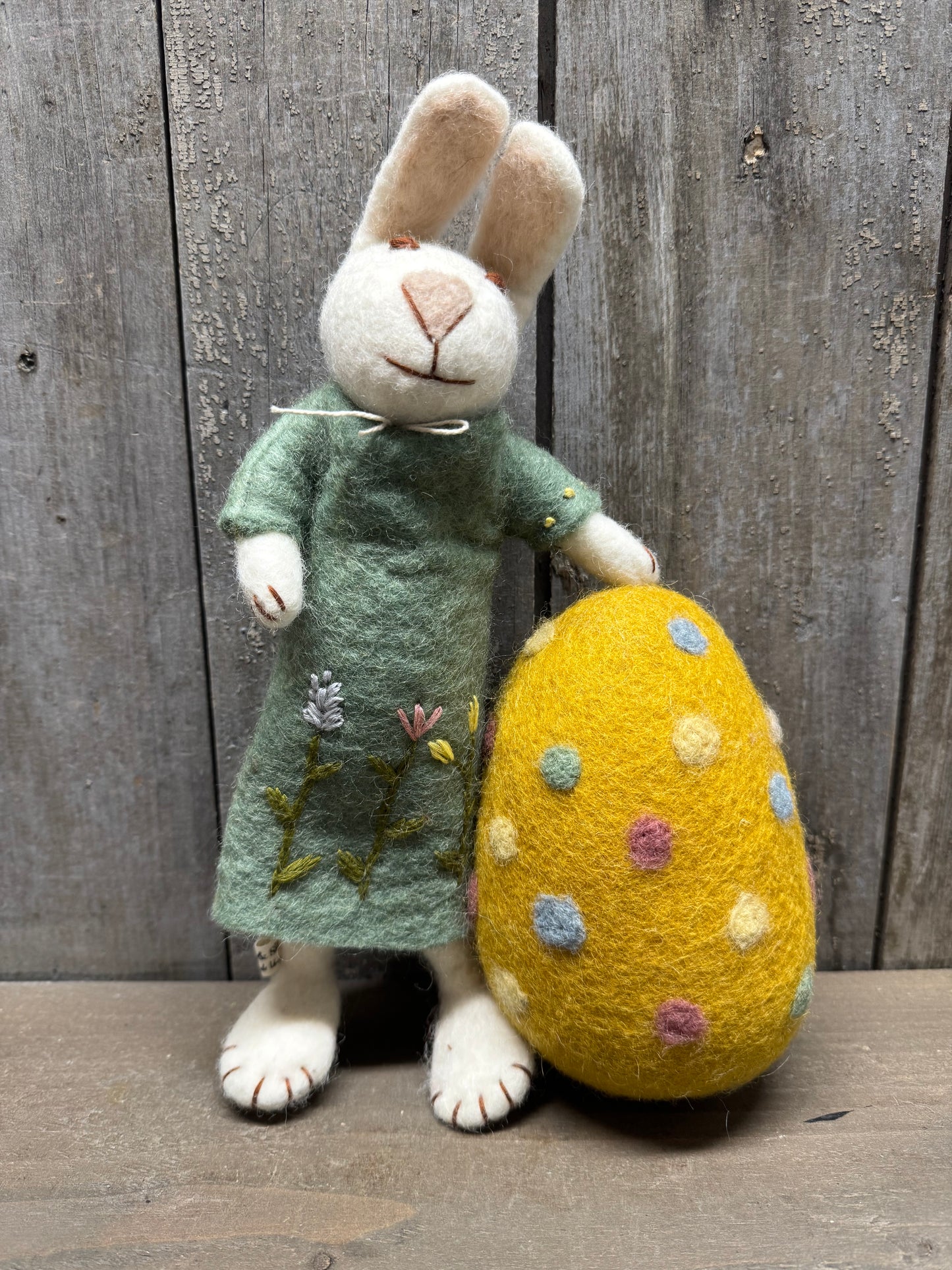 Bunny, Big, Felted, WHITE W/ GREEN DRESS & BIG EGG