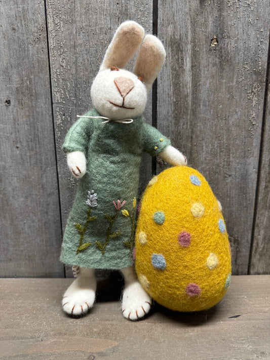 Bunny, Big, Felted, WHITE W/ GREEN DRESS & BIG EGG