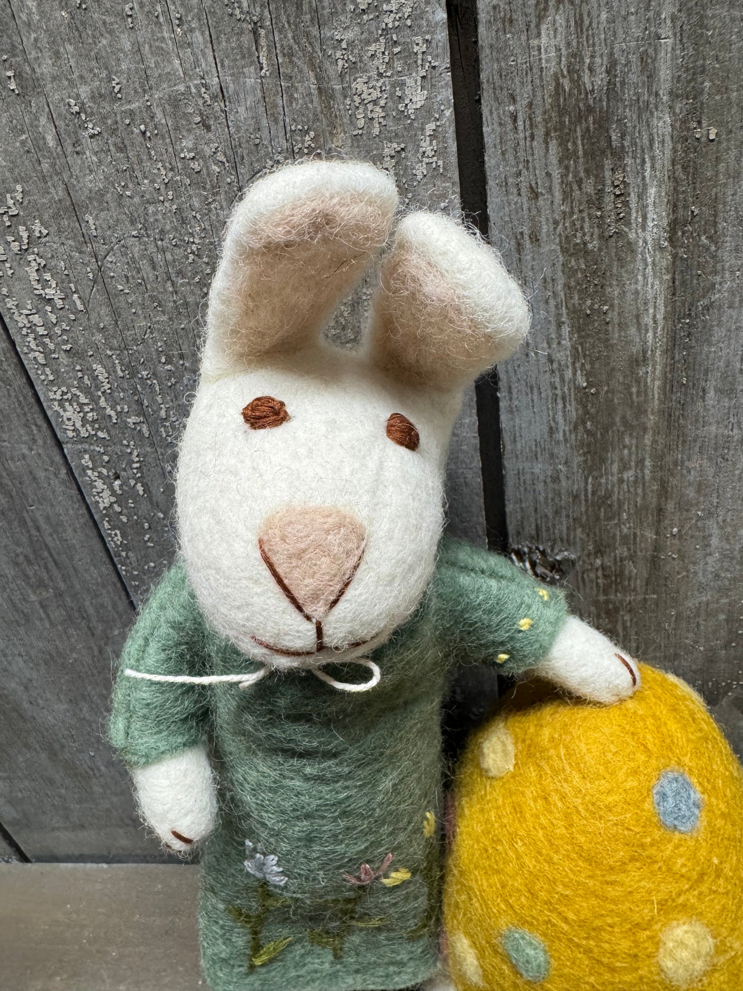 Bunny, Big, Felted, WHITE W/ GREEN DRESS & BIG EGG