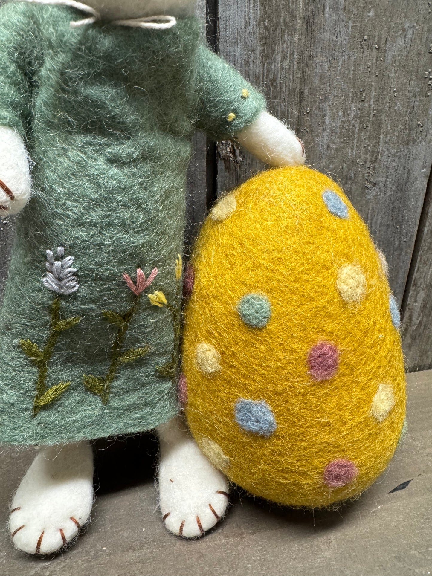 Bunny, Big, Felted, WHITE W/ GREEN DRESS & BIG EGG