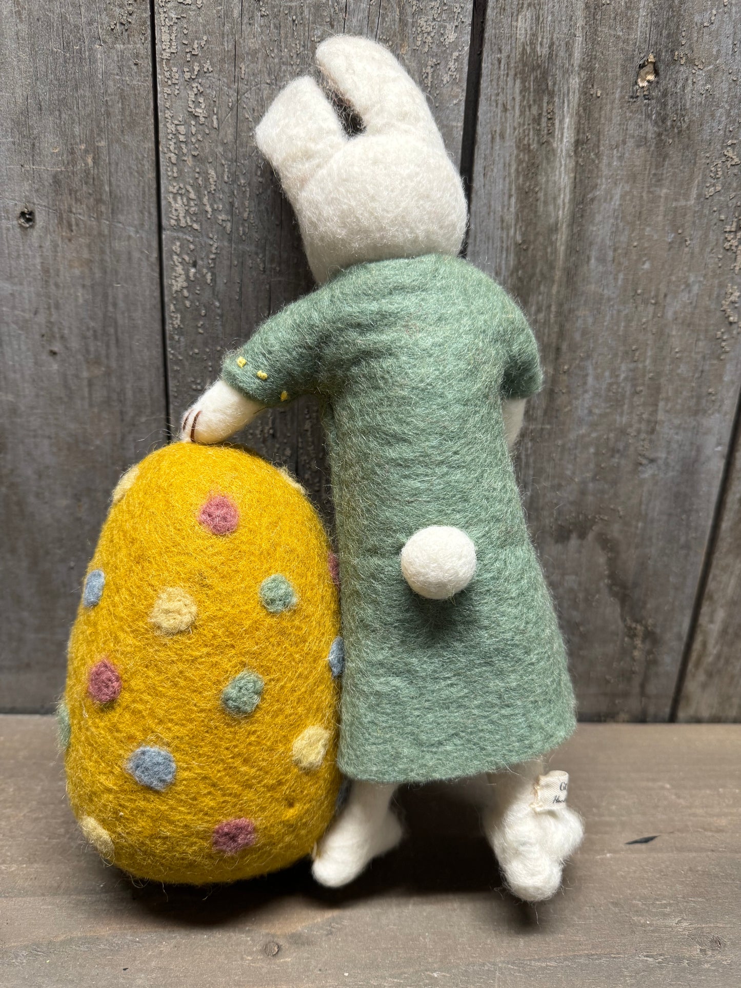 Bunny, Big, Felted, WHITE W/ GREEN DRESS & BIG EGG