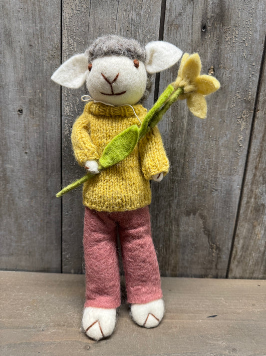 Sheep, Big, Felted, GREY W/ LAVENDER DUSTY RED PANTS & NARCISSUS FLOWER