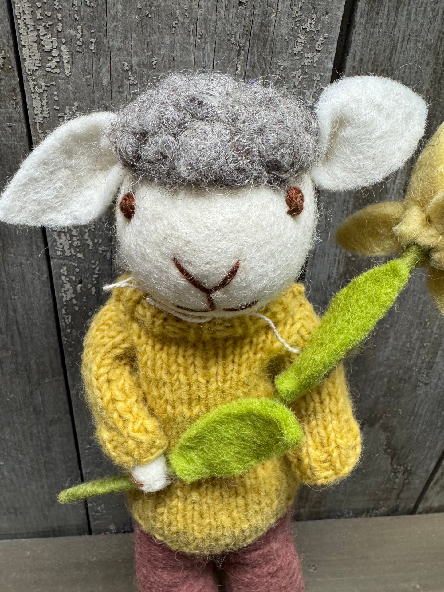 Sheep, Big, Felted, GREY W/ LAVENDER DUSTY RED PANTS & NARCISSUS FLOWER