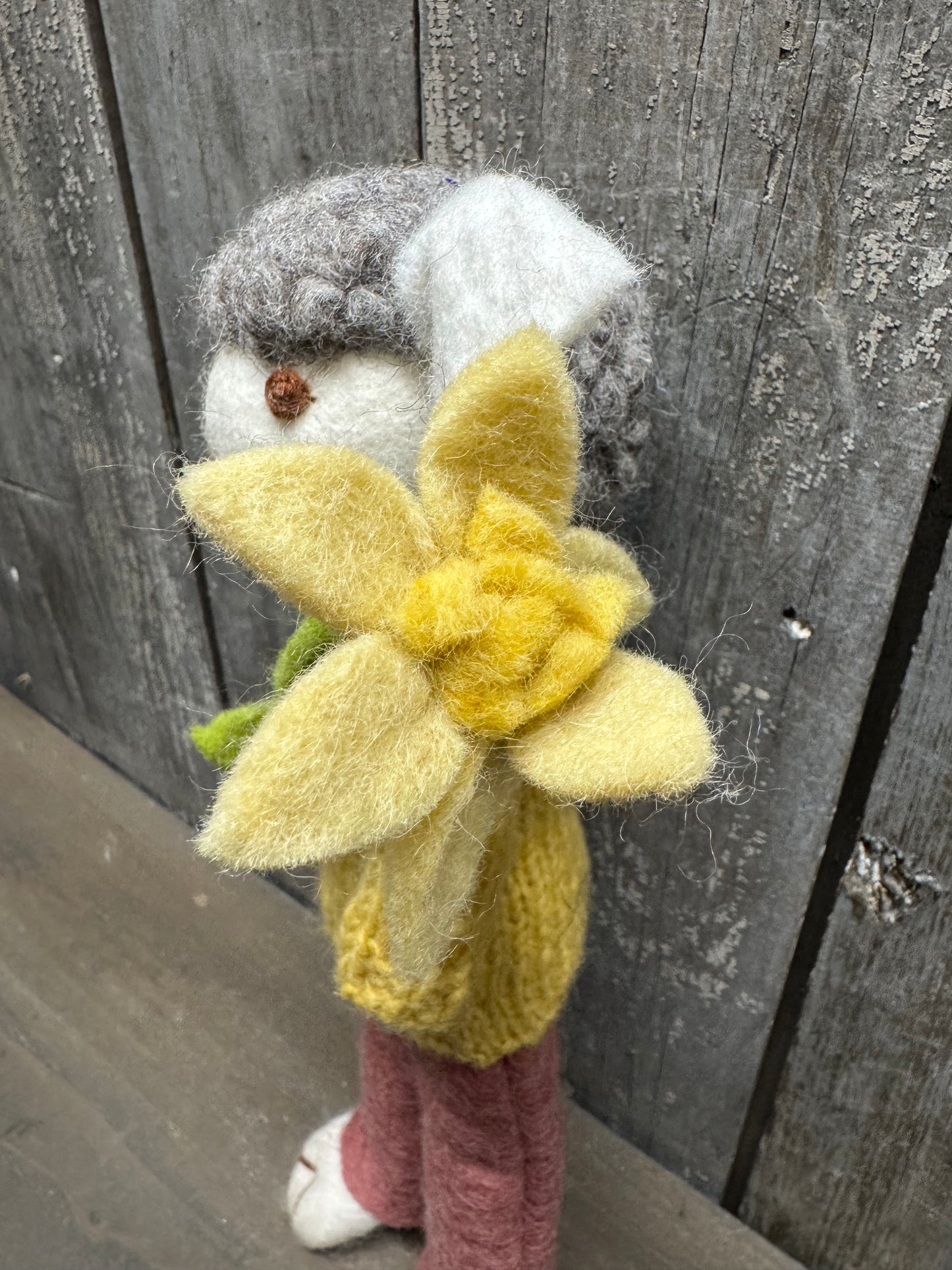 Sheep, Big, Felted, GREY W/ LAVENDER DUSTY RED PANTS & NARCISSUS FLOWER