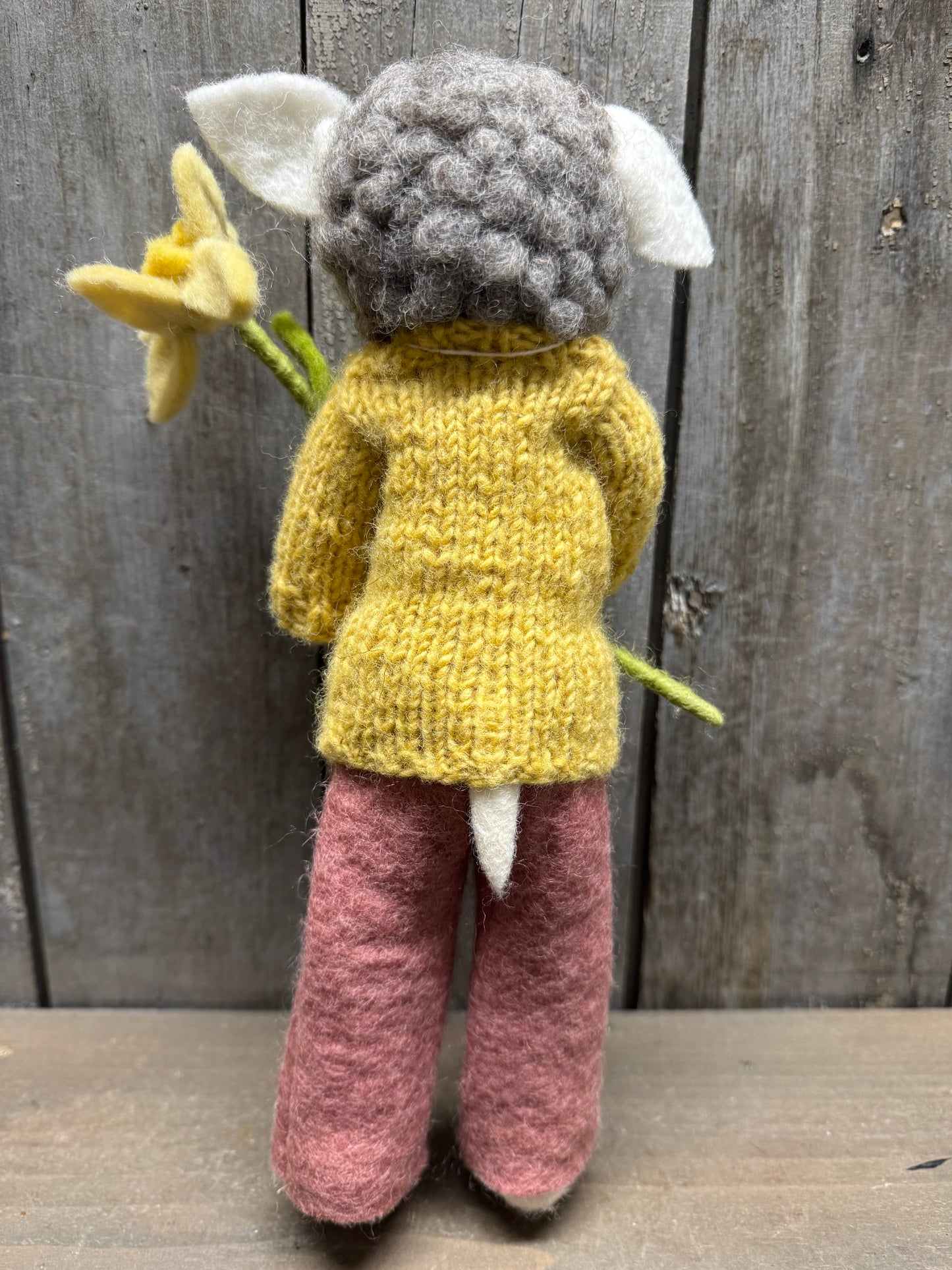 Sheep, Big, Felted, GREY W/ LAVENDER DUSTY RED PANTS & NARCISSUS FLOWER