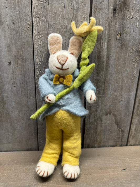 Bunny, Big, Felted, WHITE W/ BLUE JACKET & DAISIES