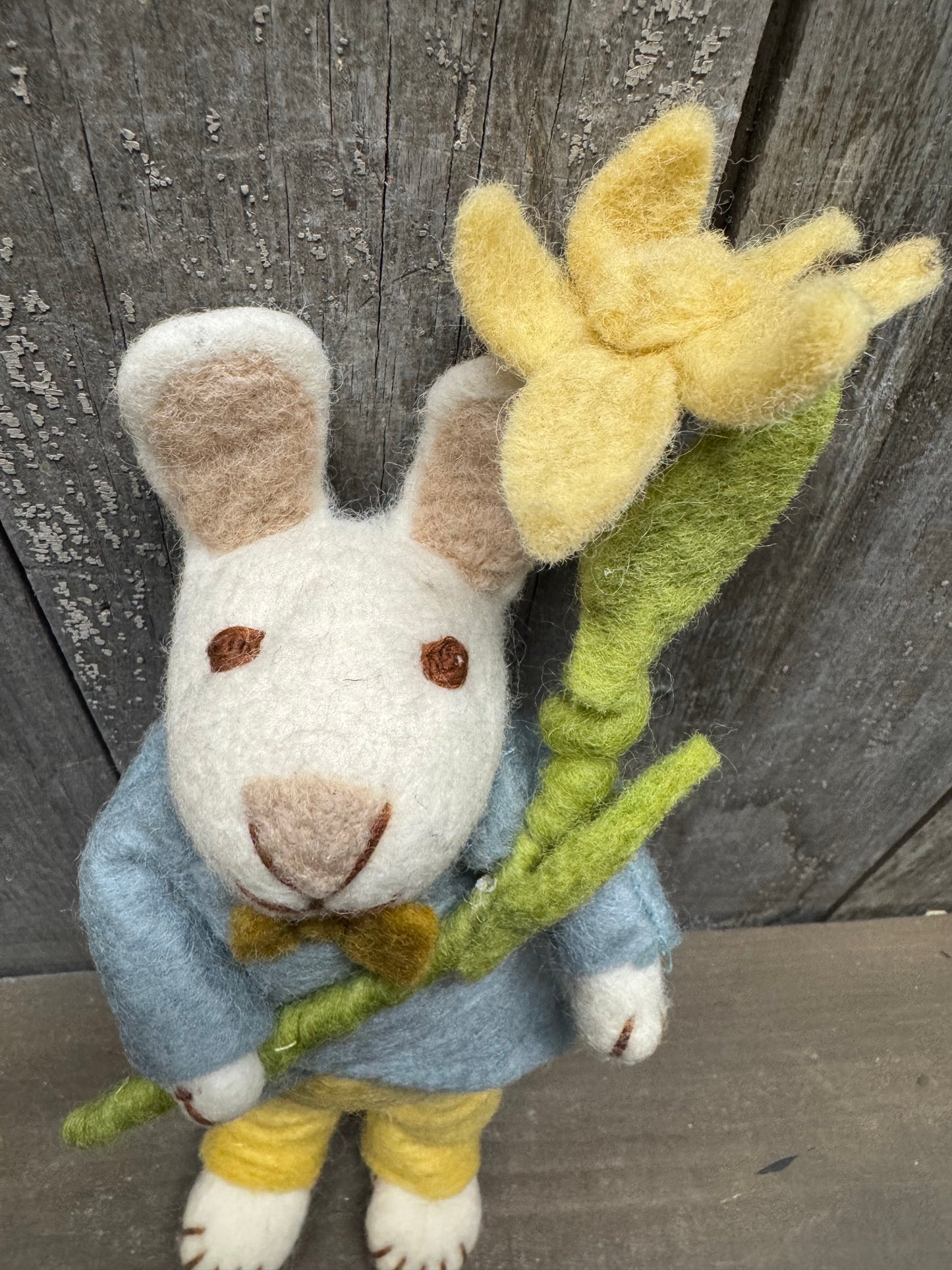 Bunny, Big, Felted, WHITE W/ BLUE JACKET & DAISIES
