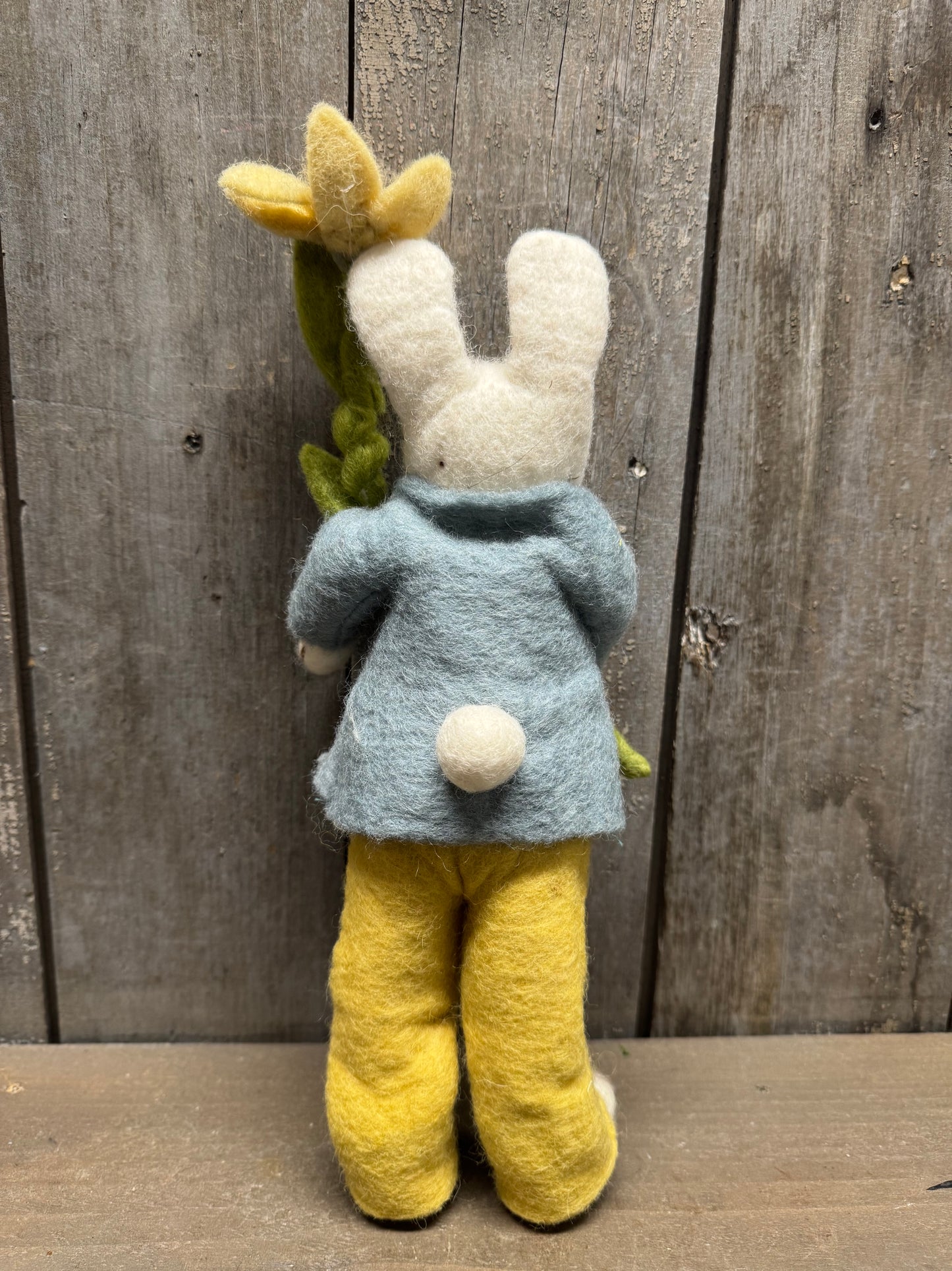 Bunny, Big, Felted, WHITE W/ BLUE JACKET & DAISIES