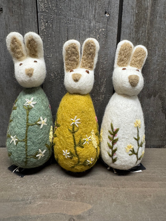Bunny, Big, Felted, WHITE W/ FLOWER EMBROIDERY, Green, Yellow or White