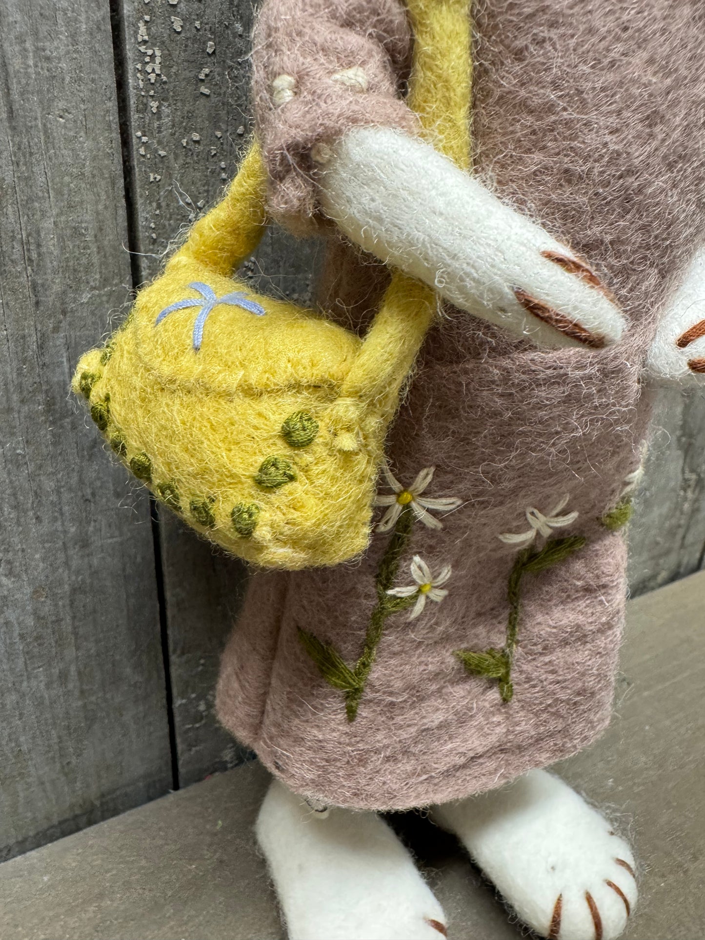 Bunny, Big, Felted, WHITE W/ LAVENDER DRESS & PURSE