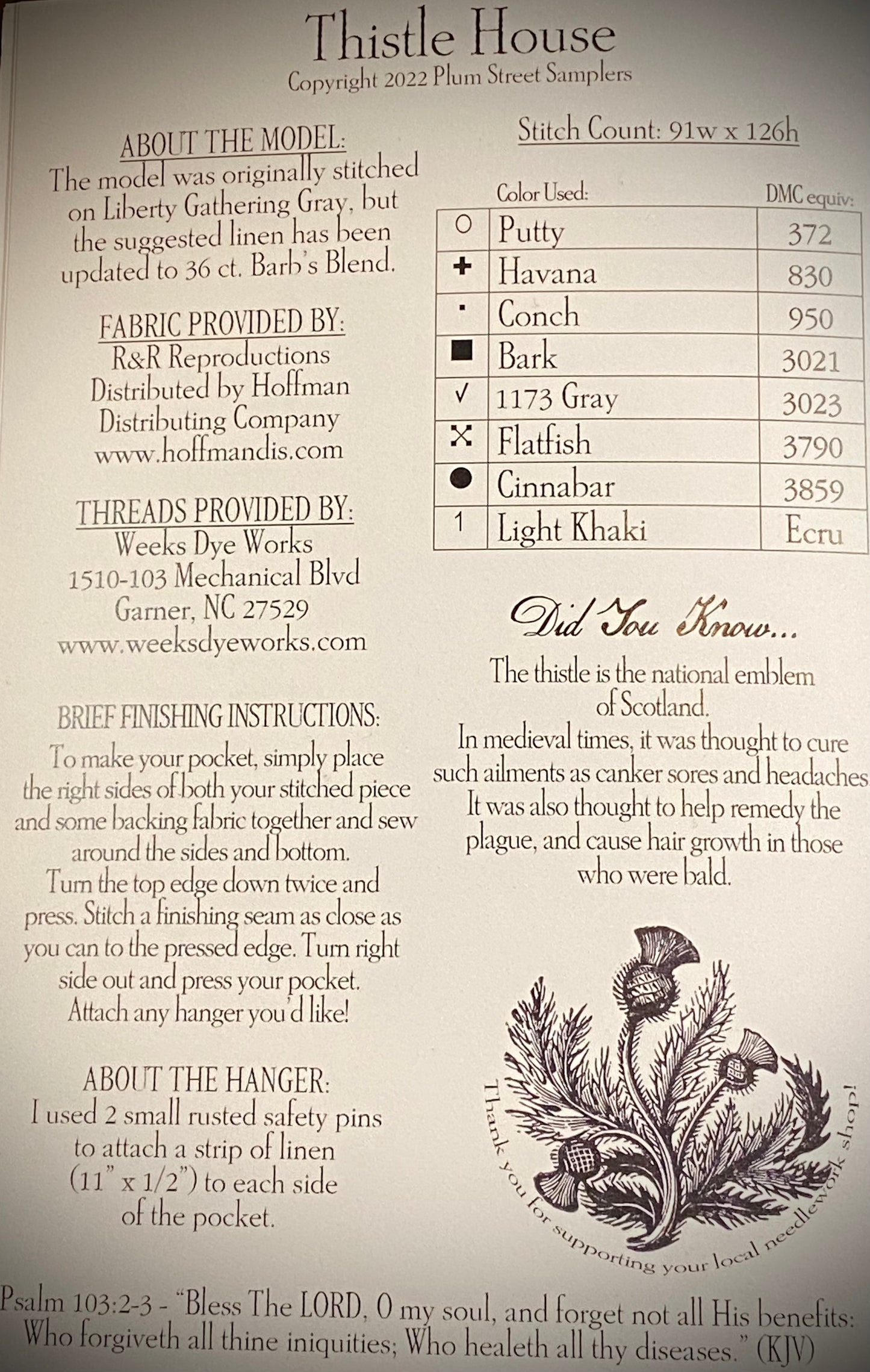 Thistle House, Cross Stitch Chart, Plum Street Samplers