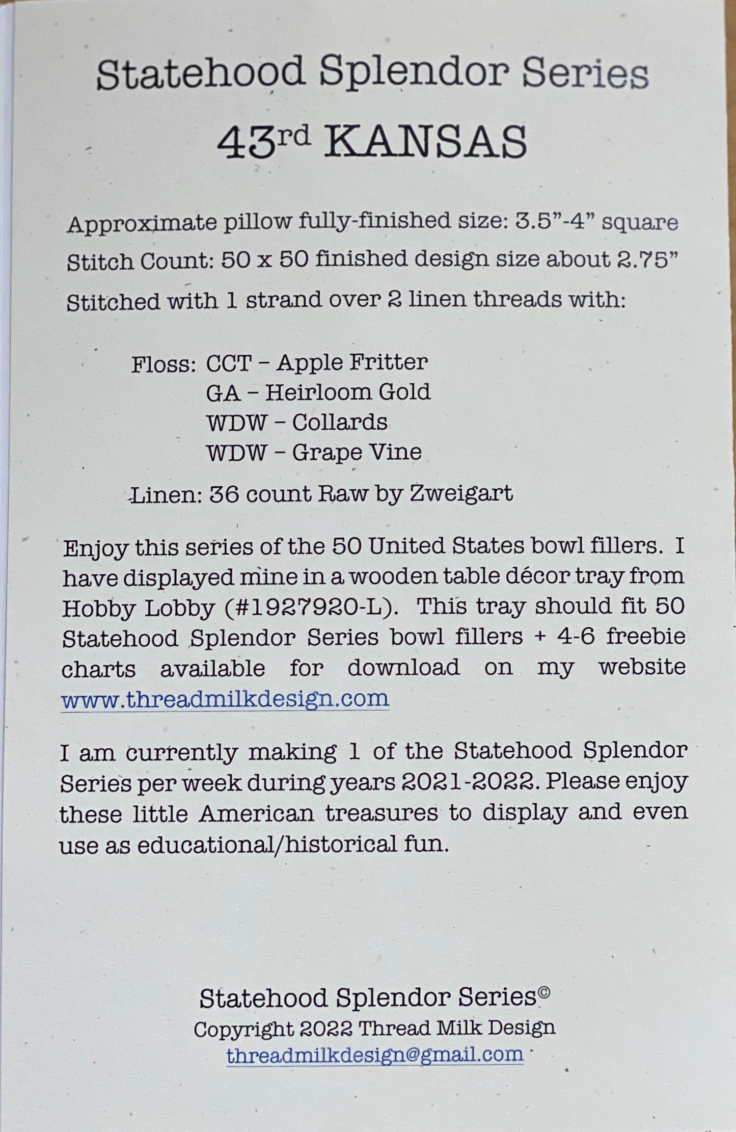 KANSAS, Cross Stitch Chart