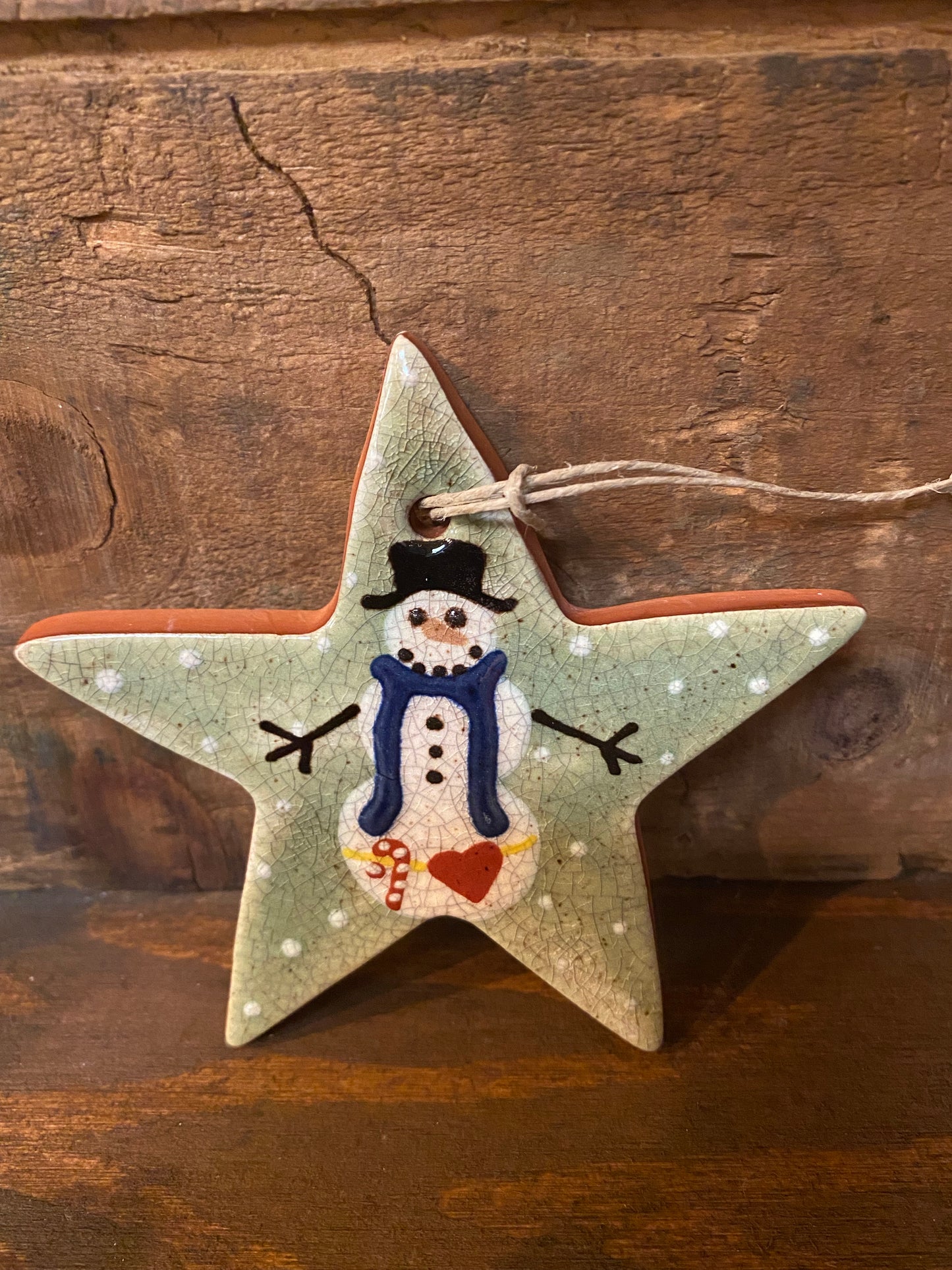 Ornament, GREEN STAR W/ SNOWMAN