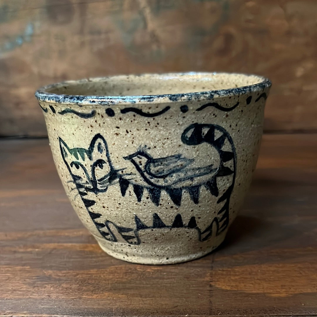 Votive Cup, Folk Art Cat & Bird
