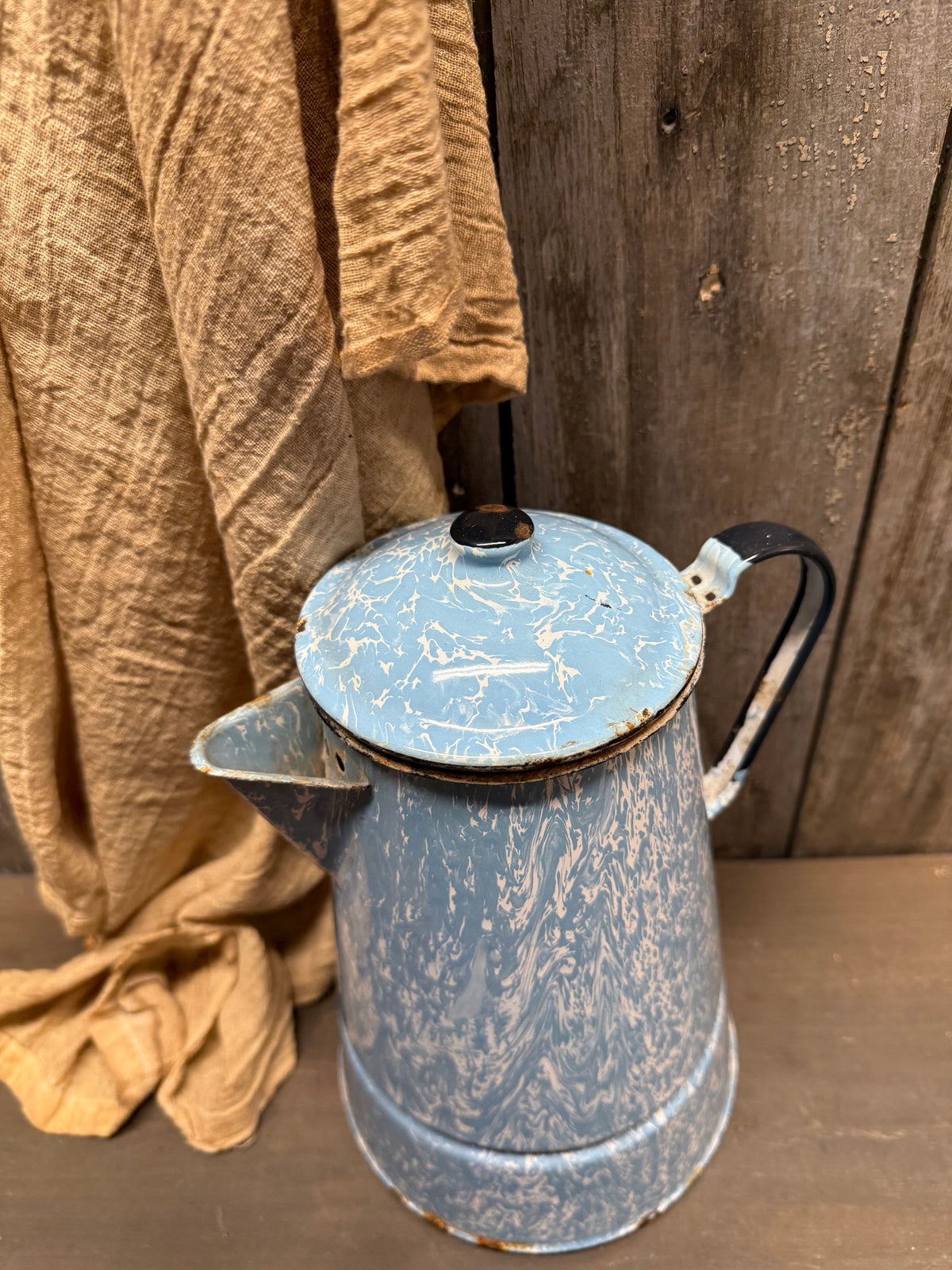 COFFEE POT, 2 Pc. Blue/White Enamelware