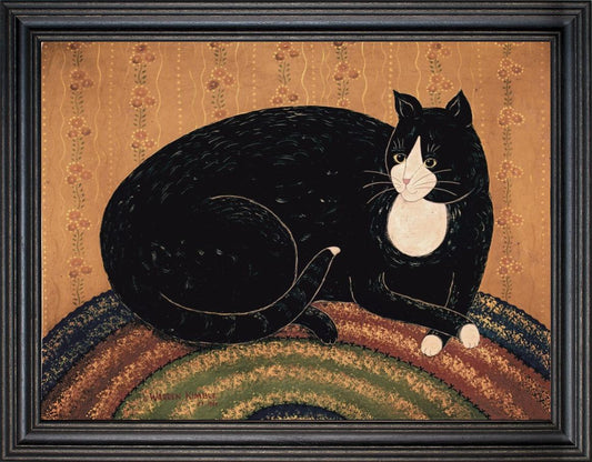 Framed Art, 18x24, BLACK CAT ON BRAIDED RUG