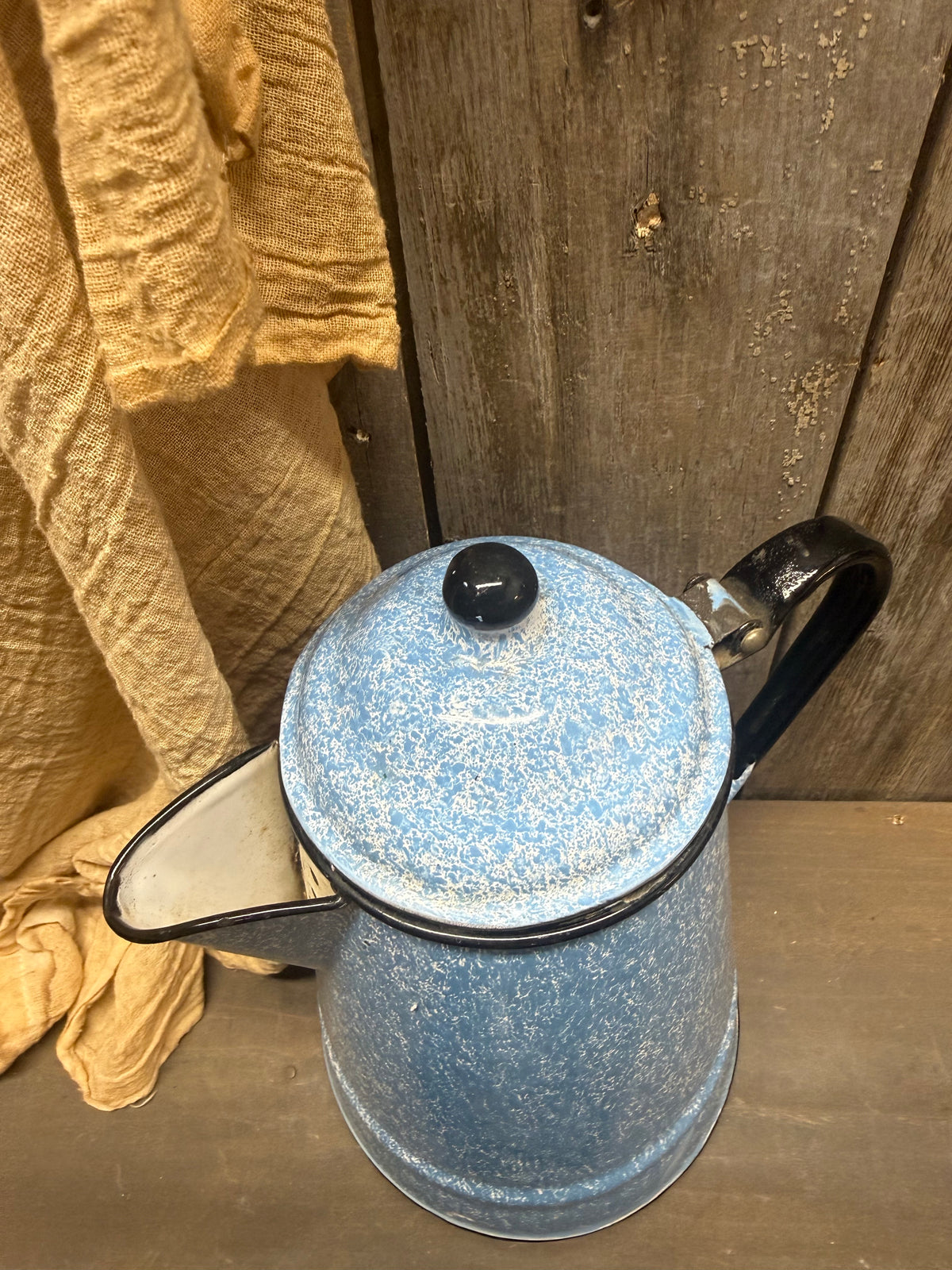 COFFEE POT, FLIP LID Blue/White Enamelware
