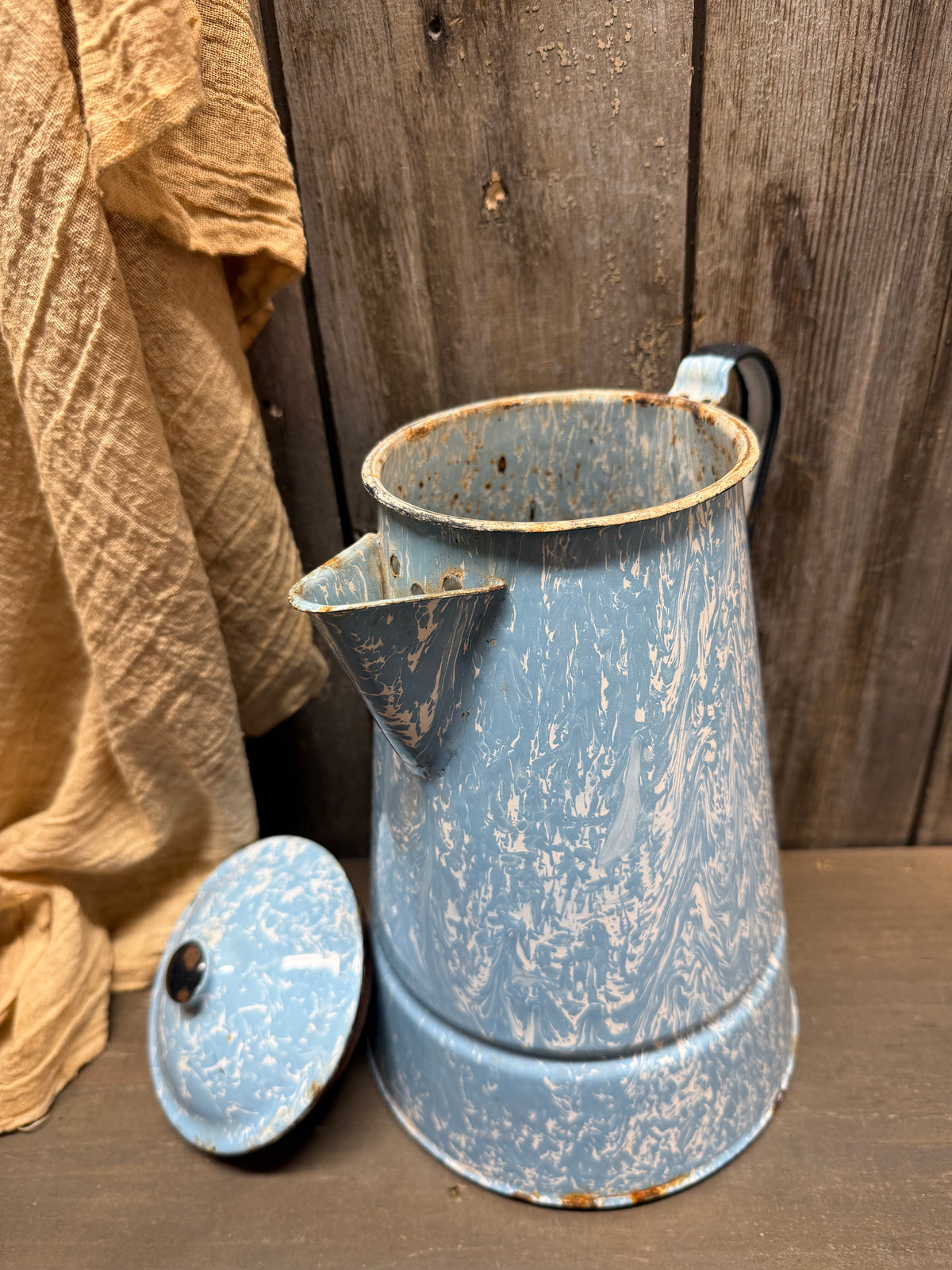 COFFEE POT, 2 Pc. Blue/White Enamelware