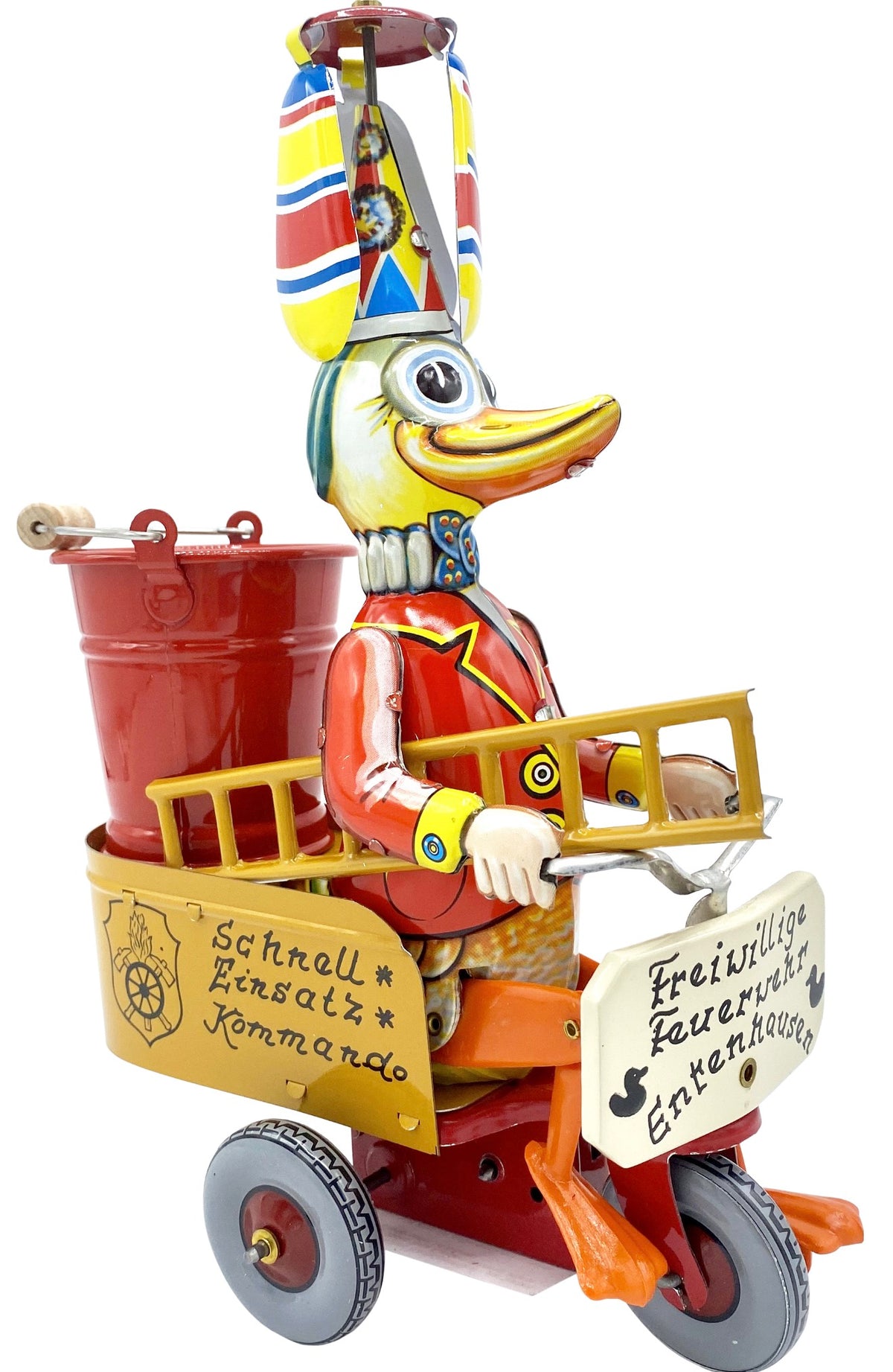 TIN WINDUP TOY, 8.5” Fireman Duck