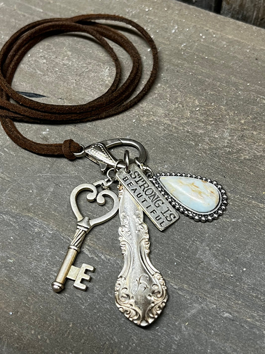 Necklace, Suede Cord W/ Charms, STRONG IS BEAUTIFUL