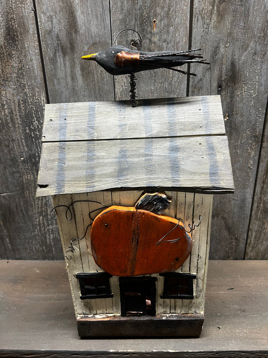 Folk Art House, WHITE HOUSE W/ PUMPKIN & CROW